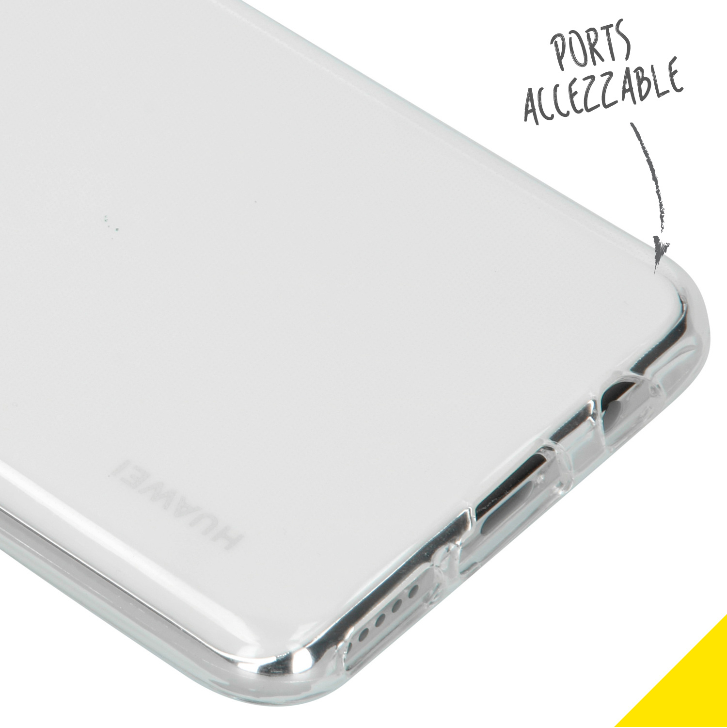 Coque de téléphone transparente montrant l'accès au port. Fond blanc.
