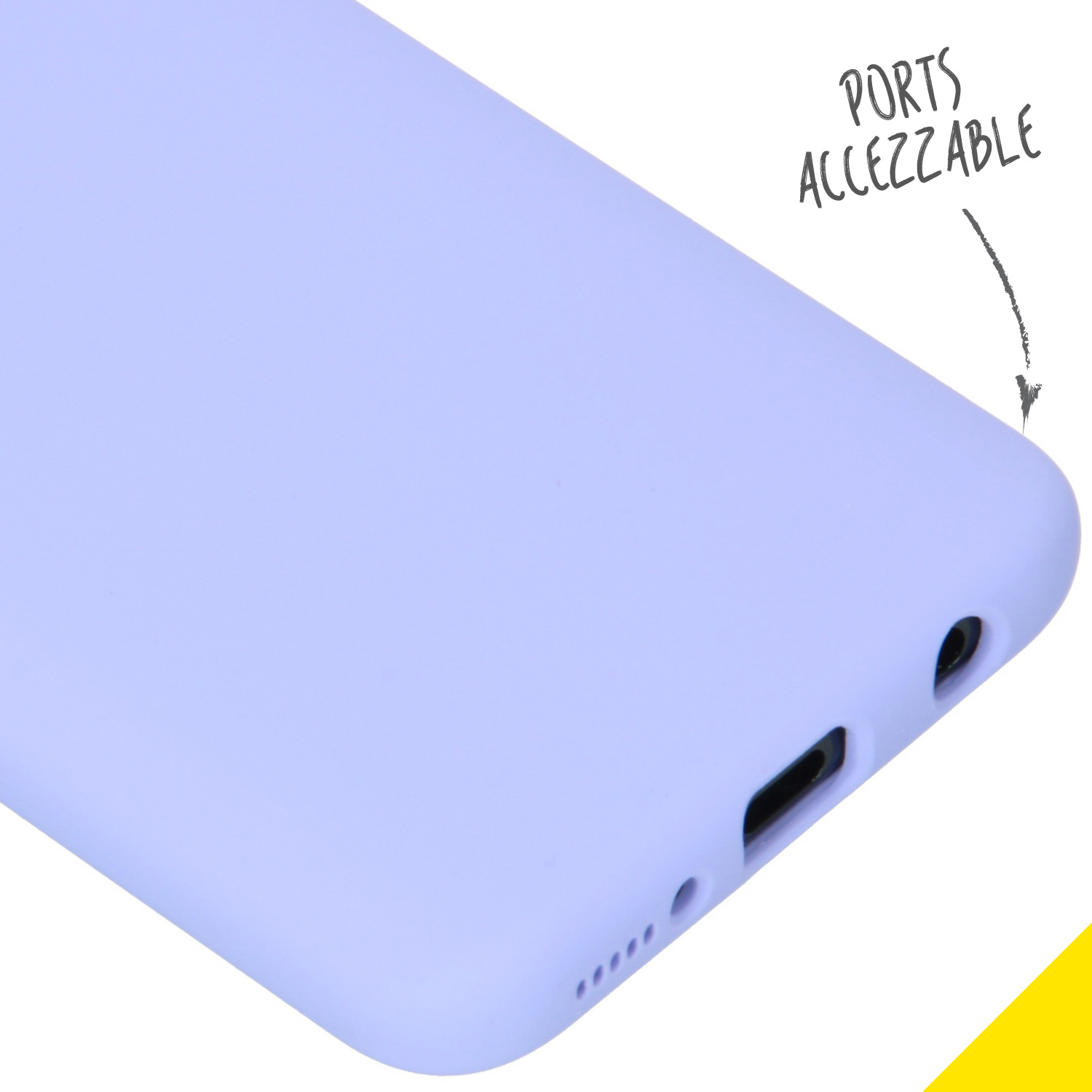 Coin d'étui de téléphone violet. Ports accessibles. Trous pour prise casque, port de charge.