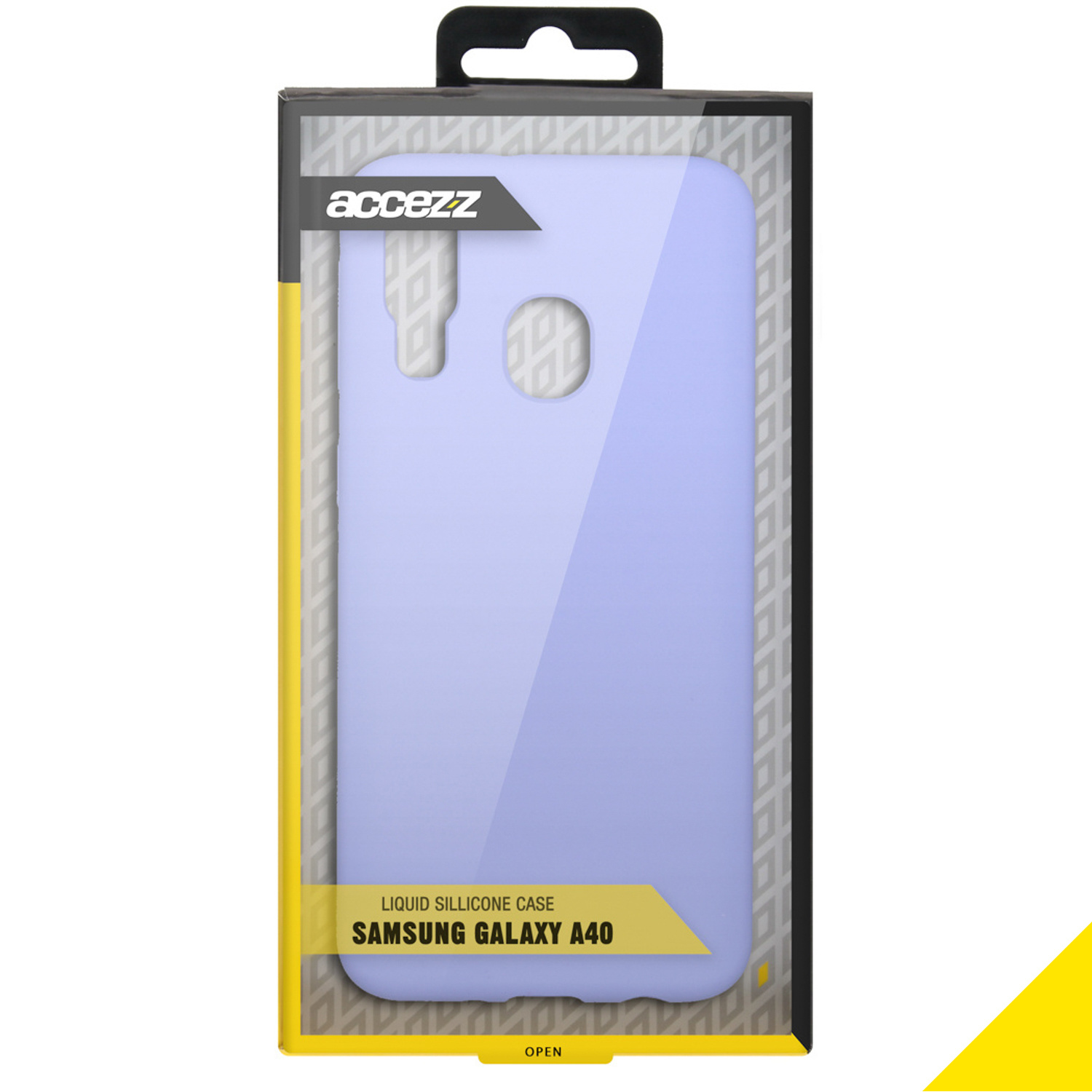 Coque de téléphone dans une boîte. La coque est lavande et la boîte a du texte.