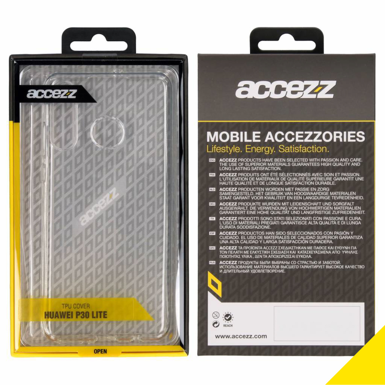 Coque de téléphone transparente dans son emballage. Le produit est une coque TPU pour Huawei P30 Lite.