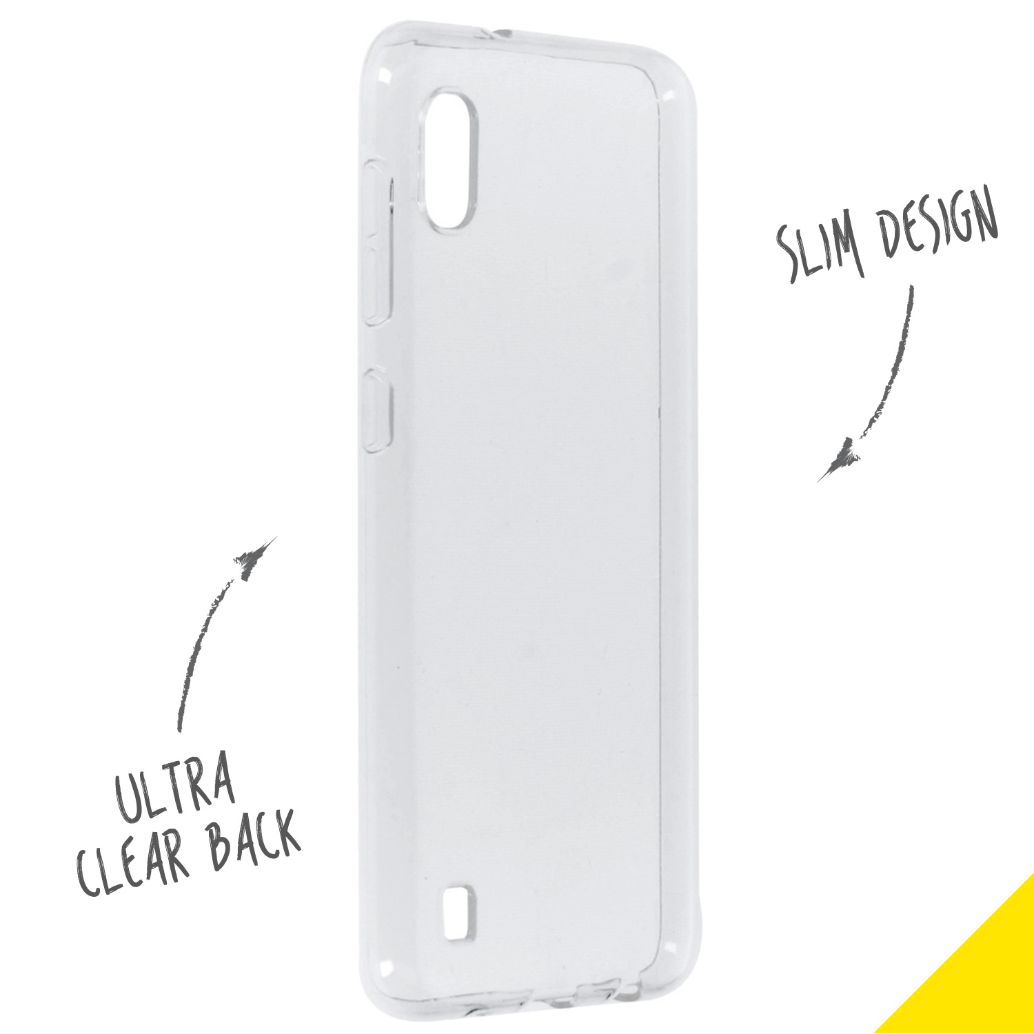 Transparant telefoonhoesje met tekst: Ultra Clear Back, Slim Design.