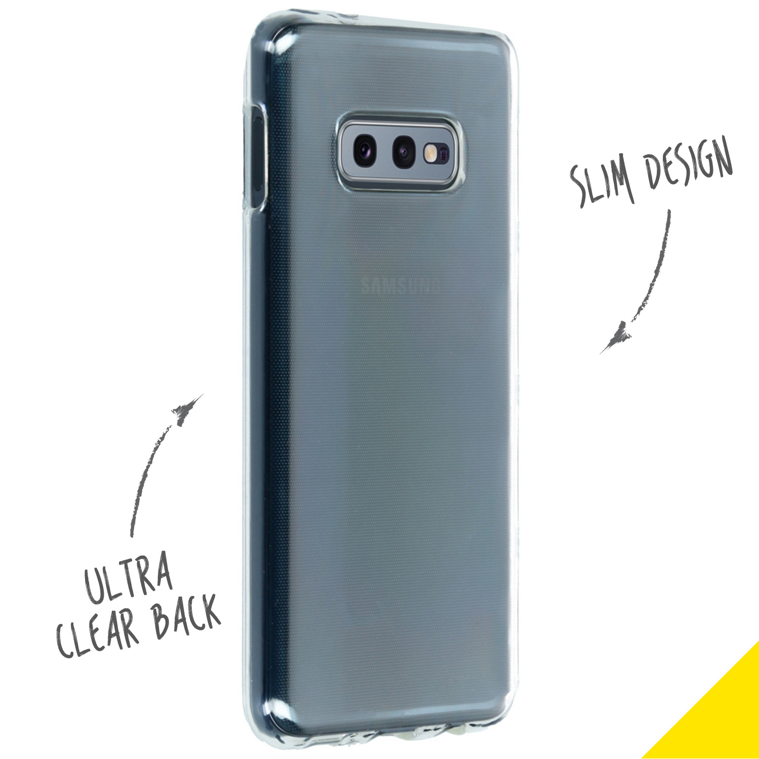 Coque de téléphone transparente sur fond blanc, flèches vers 'Ultra Clear Back' et 'Slim Design'.