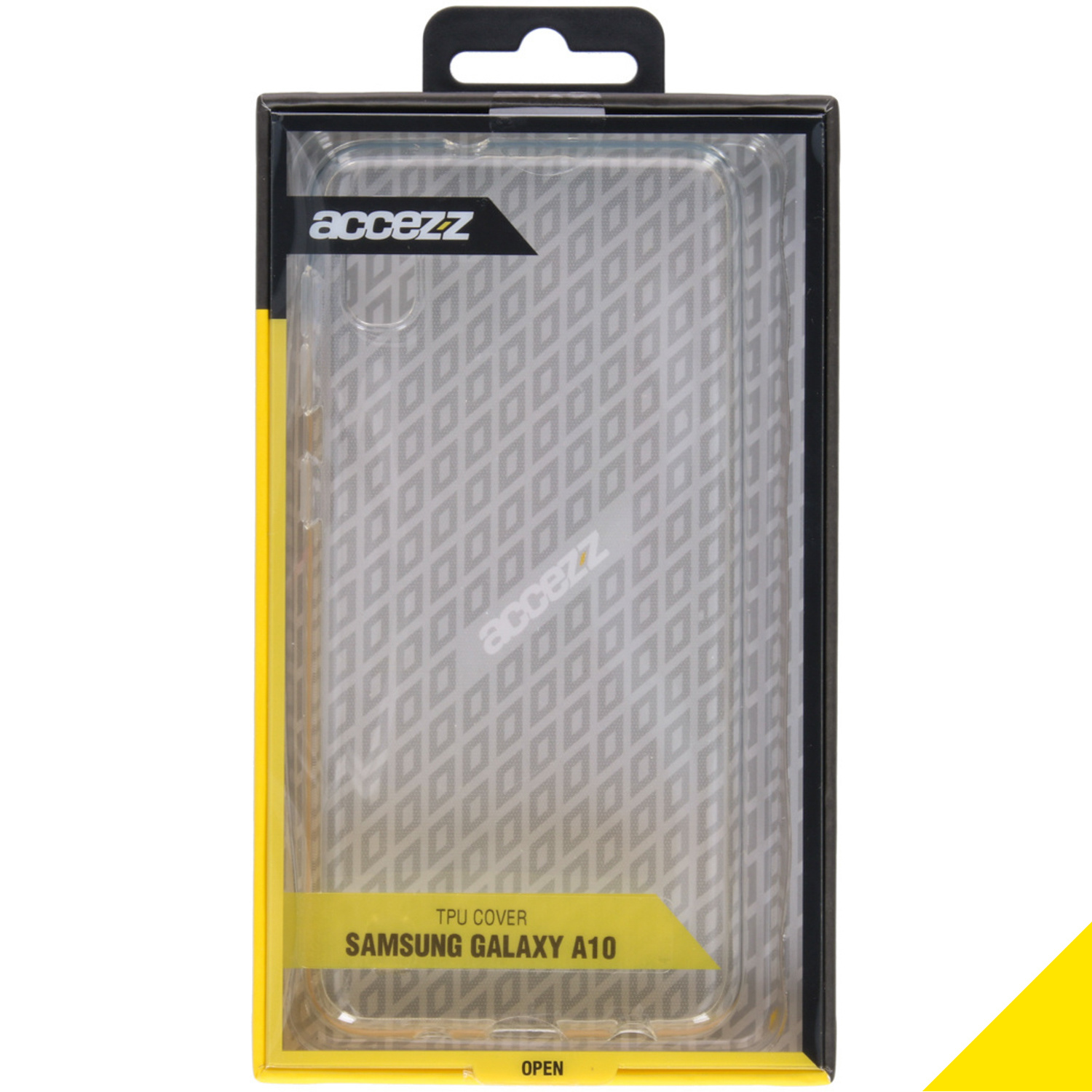 Transparante telefoonhoes in doos voor Samsung Galaxy A10. De hoes is transparant en heeft een ruitpatroon.