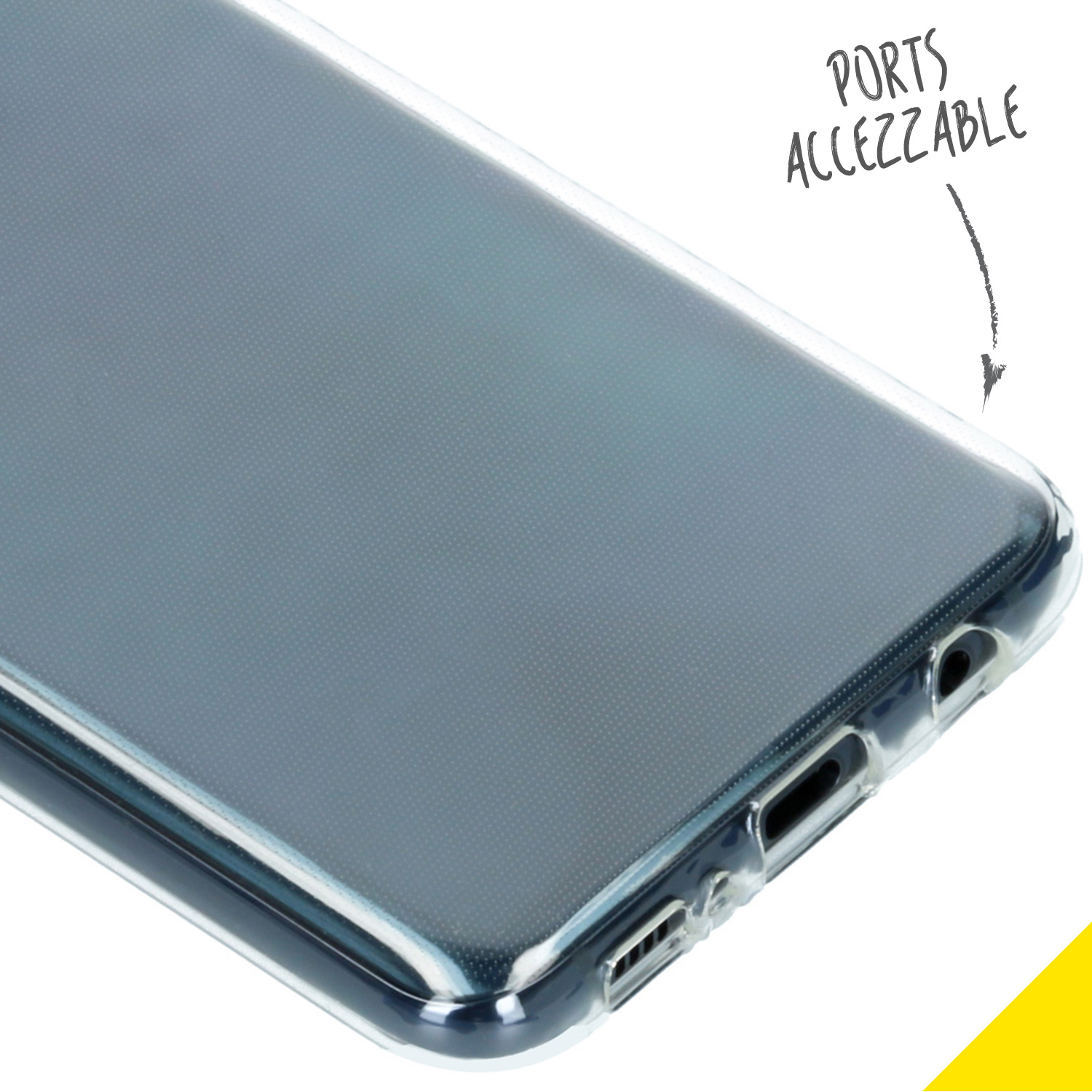 Coin d'étui de téléphone transparent. Ports accessibles. Trous pour prise casque, port de charge.