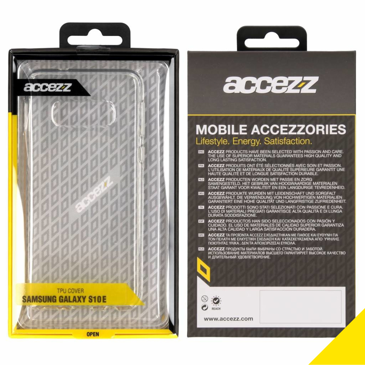 Emballage de coque de téléphone avec coque transparente à l'intérieur. Logo Acczzez visible.