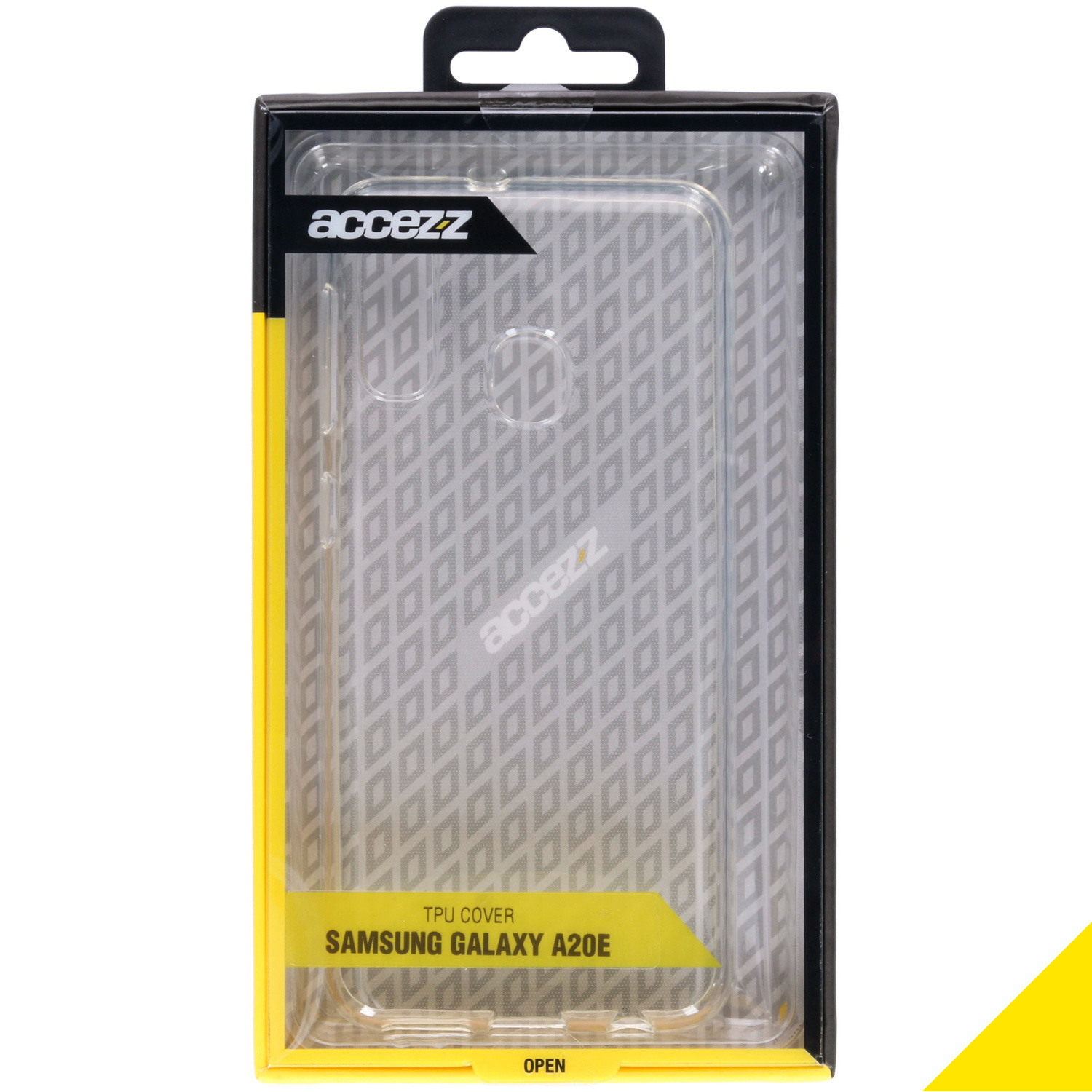 Transparante telefoonhoes in een doos. Label: TPU cover, Samsung Galaxy A20E.