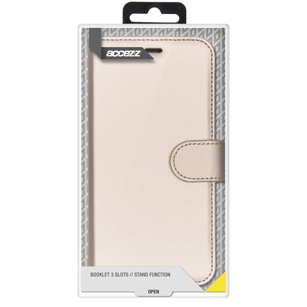 Beige telefoonhoes in een transparante verpakking met de tekst "Booklet 3 slots // Stand function".