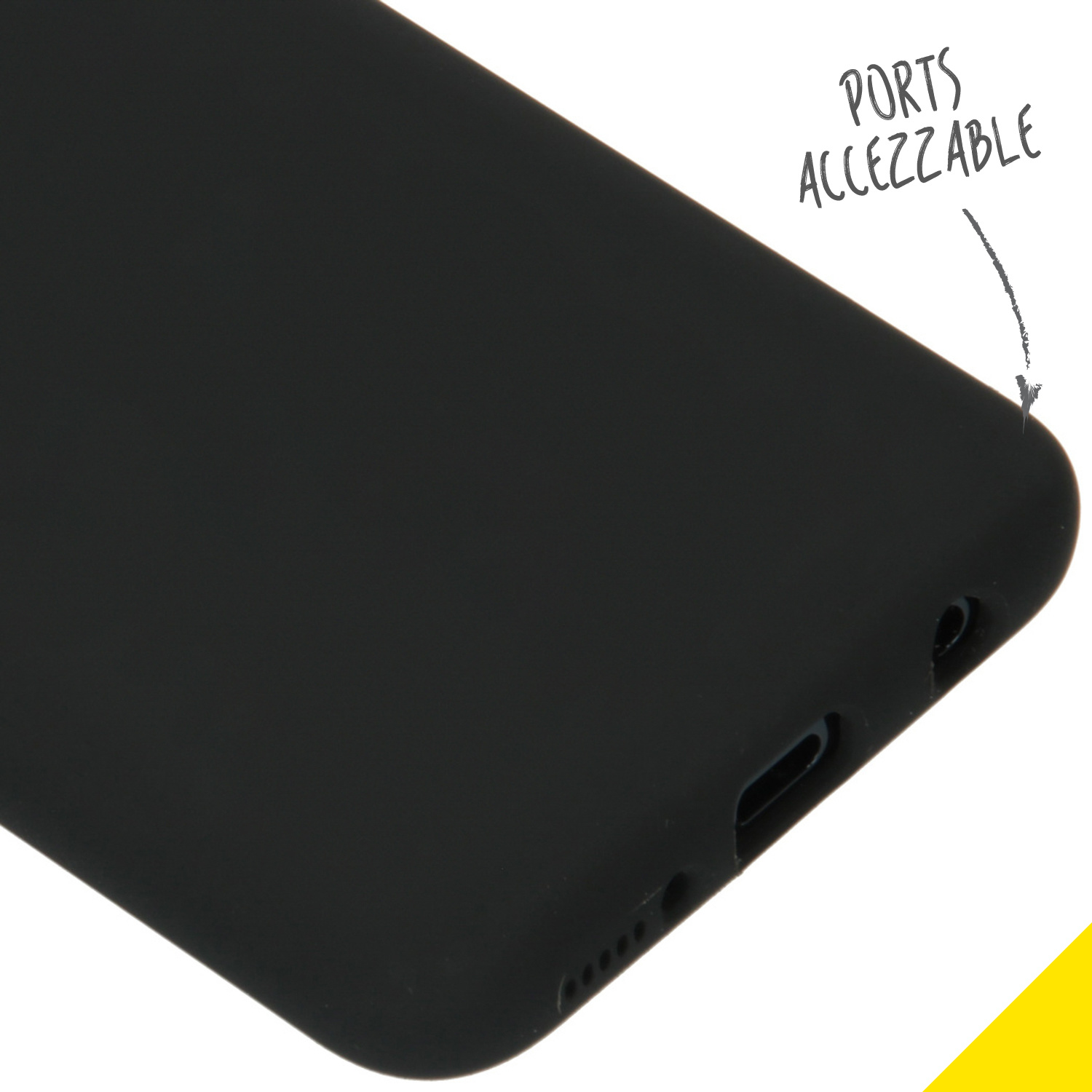 Gros plan sur une coque de téléphone noire. Le texte indique 'Ports Acceszzable'. Les ports du téléphone sont visibles.