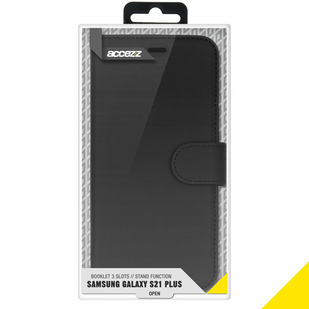 Telefoonhoesverpakking, zwarte hoes, boekje en standfunctie, voor Samsung S21 Plus.