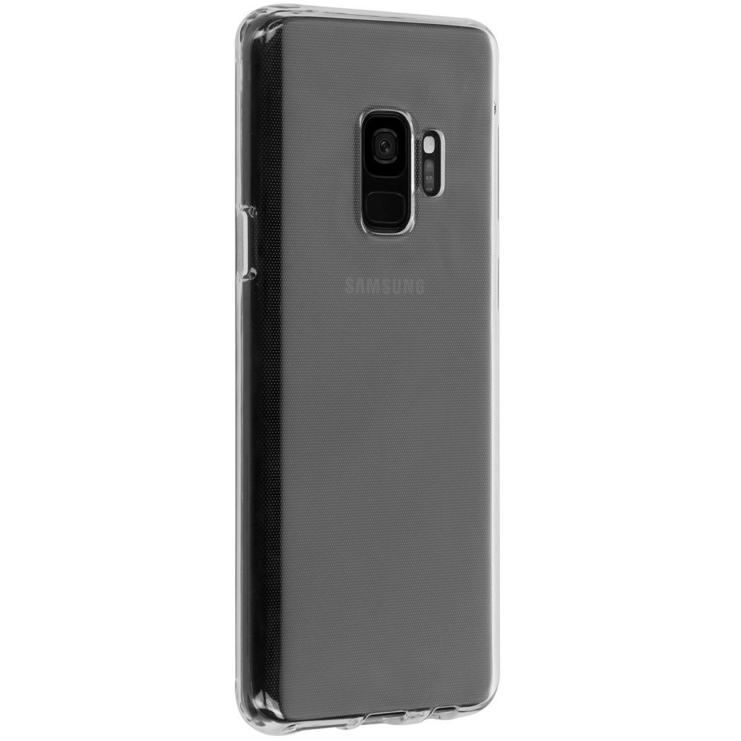 Coque transparente sur un téléphone noir. Montre l'arrière du téléphone.