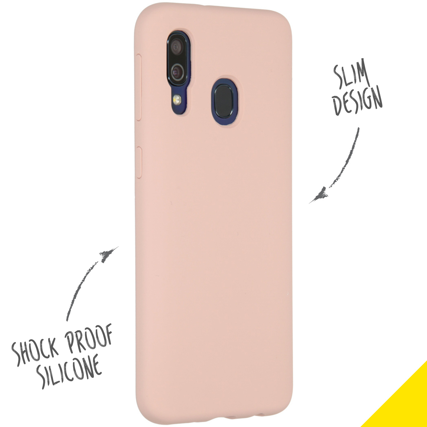 Coque de téléphone rose. Caractéristiques : silicone antichoc et design fin. Fond blanc.