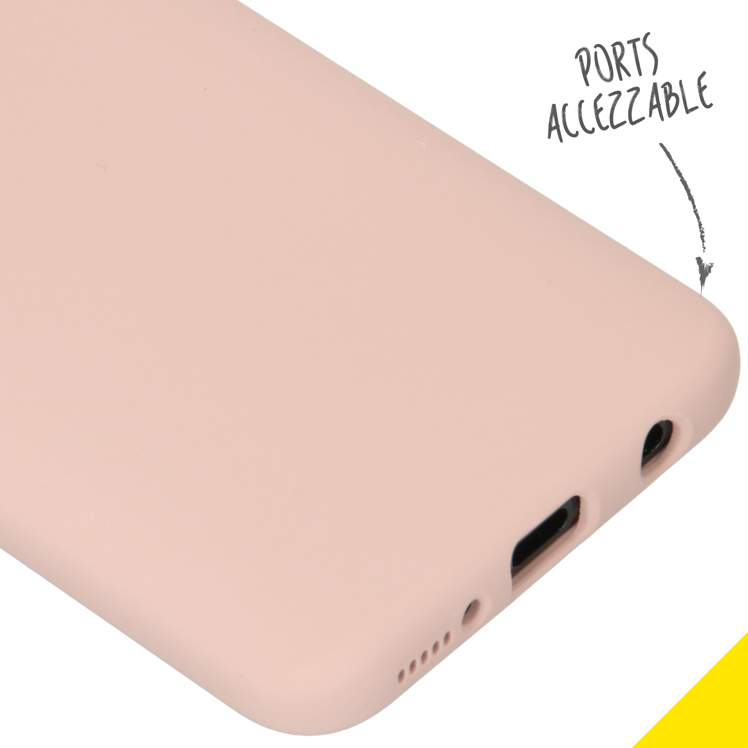 Gros plan du côté d'un téléphone avec les ports accessibles indiqués par une flèche.