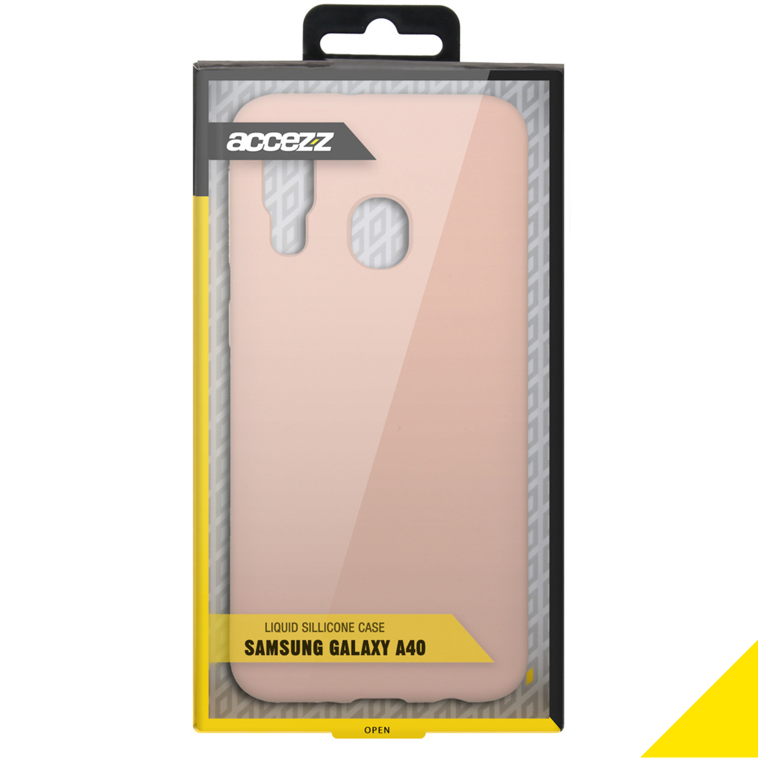 Coque silicone rose dans un emballage. Étiquette : Coque silicone liquide, Samsung A40.
