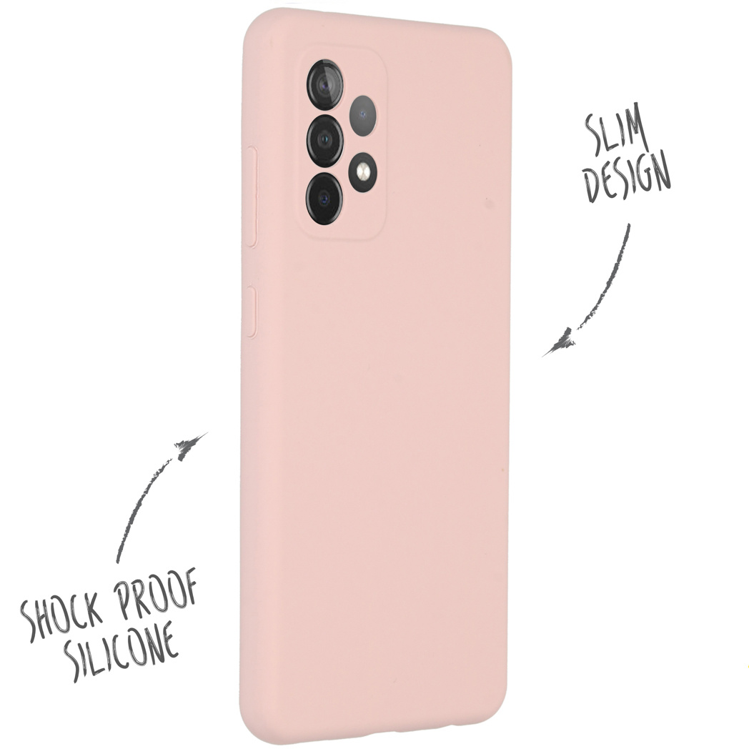 Coque de téléphone rose avec des flèches vers 'Shock Proof Silicone' et 'Slim Design'.