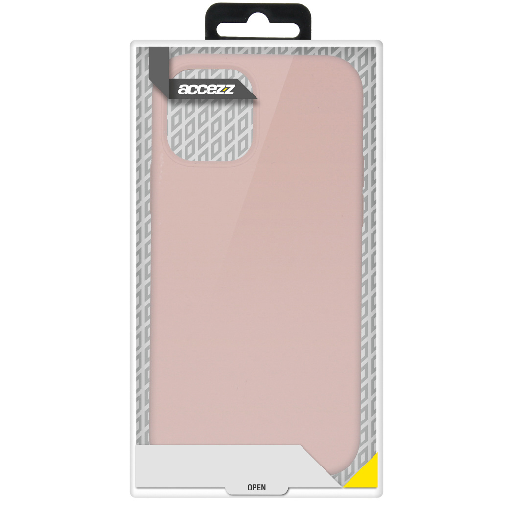Coque de téléphone dans son emballage, couleur rose clair, avec une zone ouverte.