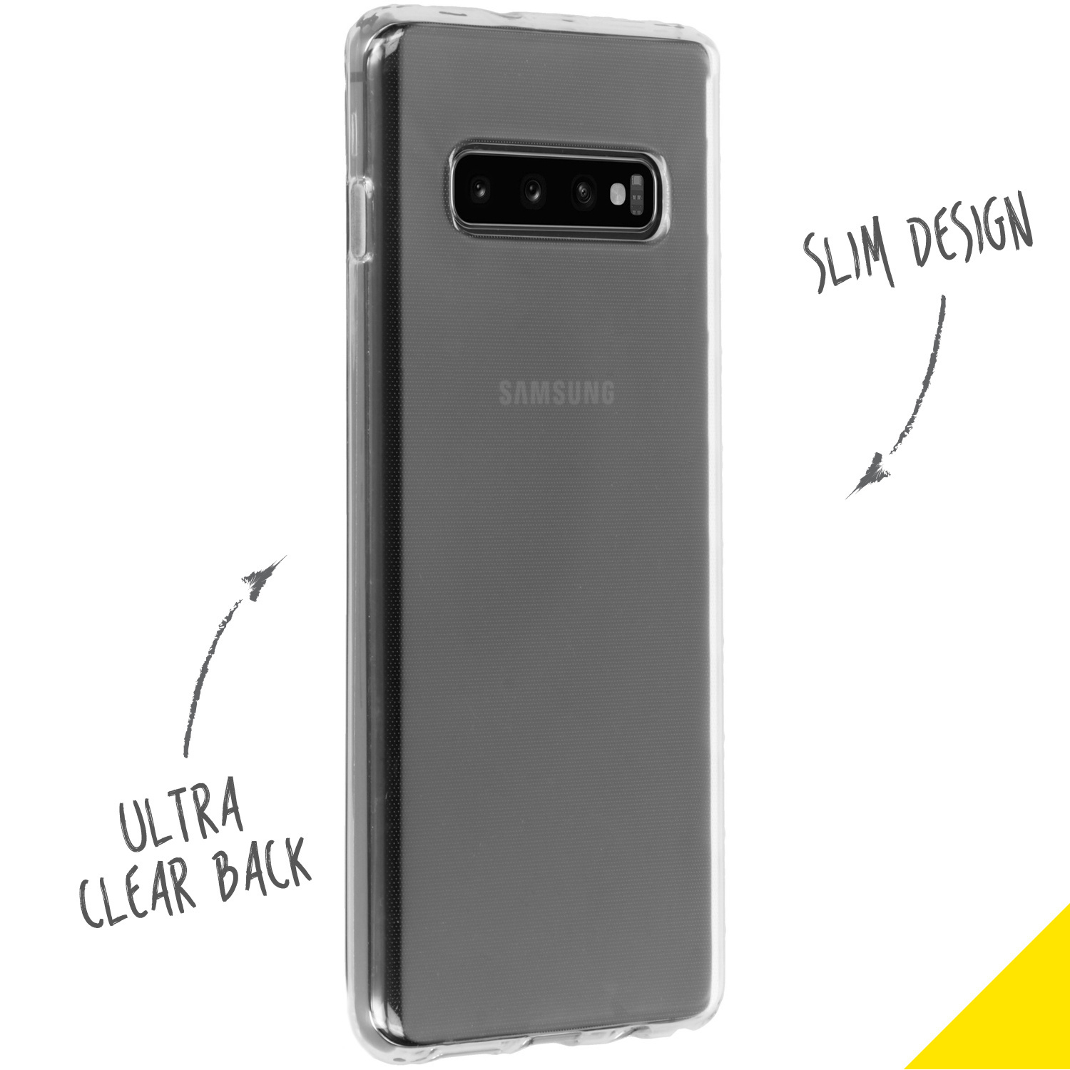 Custodia trasparente per telefono con logo Samsung. Il testo indica 'Slim Design' e 'Ultra Clear Back'.
