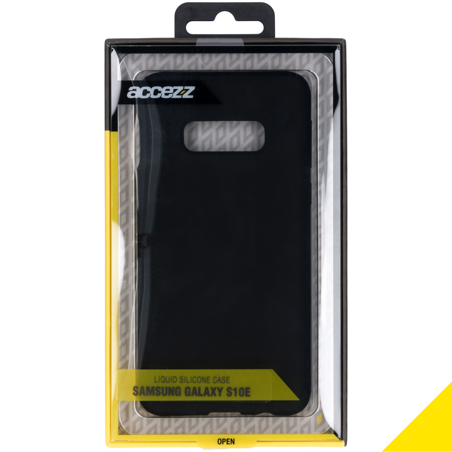 Verpakking zwarte vloeibare siliconen hoes, voor Samsung Galaxy S10e, open verpakking.