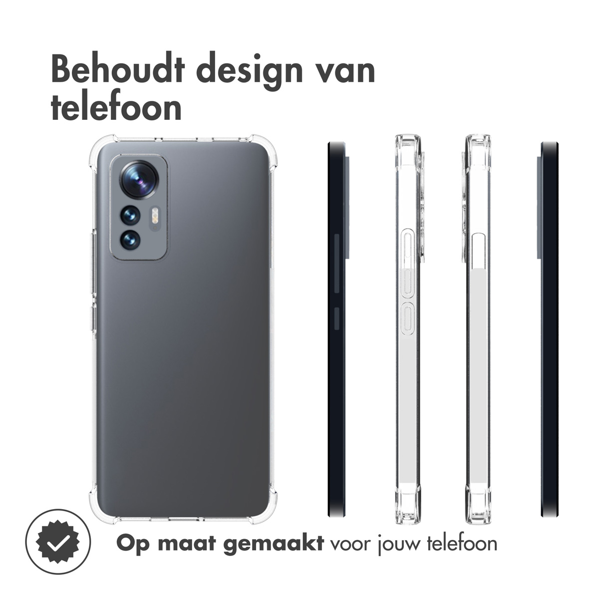 Diverse custodie per telefono con il telefono in posizioni diverse. Il testo dice: Behoudt design van telefoon.