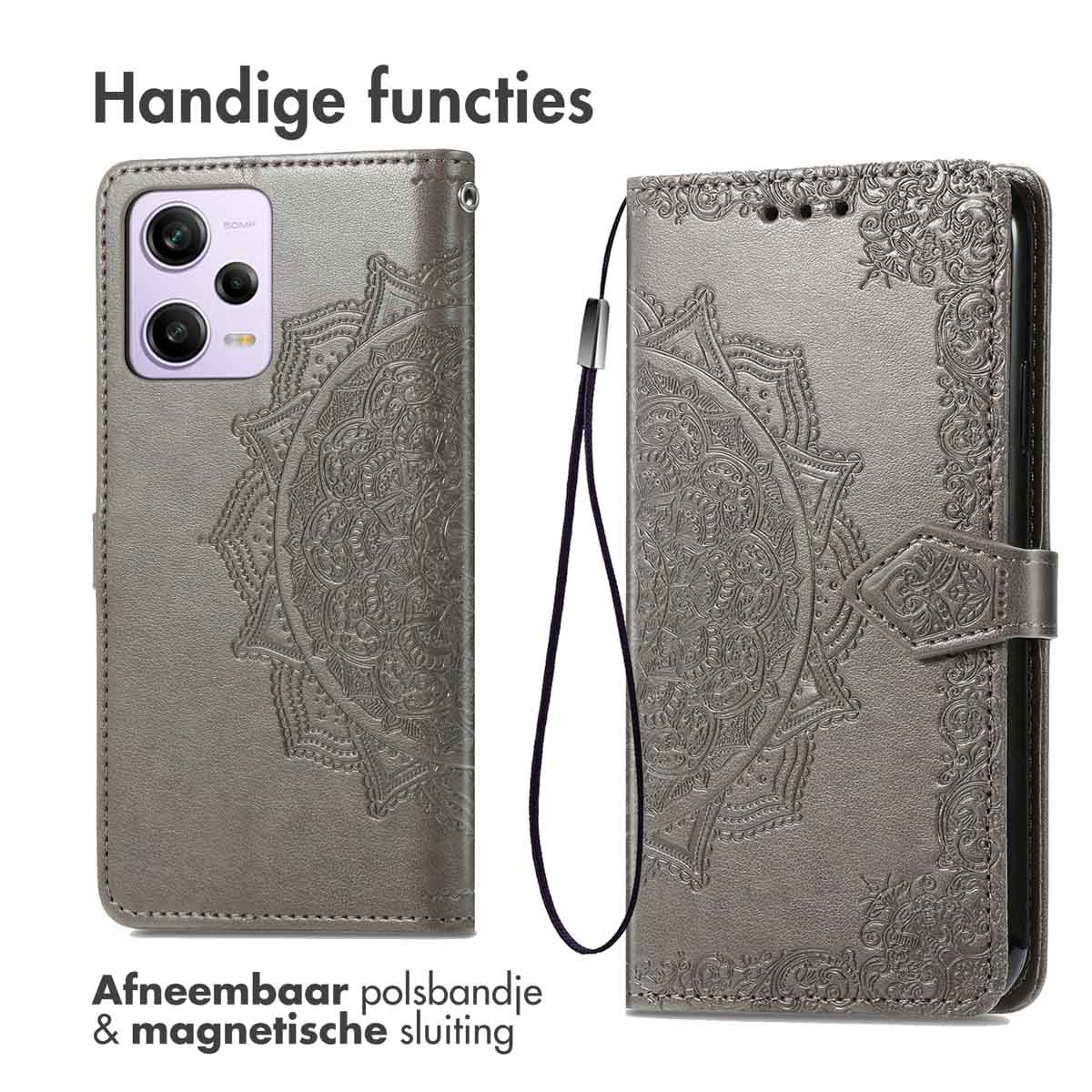 Étui de téléphone gris avec un motif de mandala et du texte. Comprend une dragonne et une fermeture magnétique.