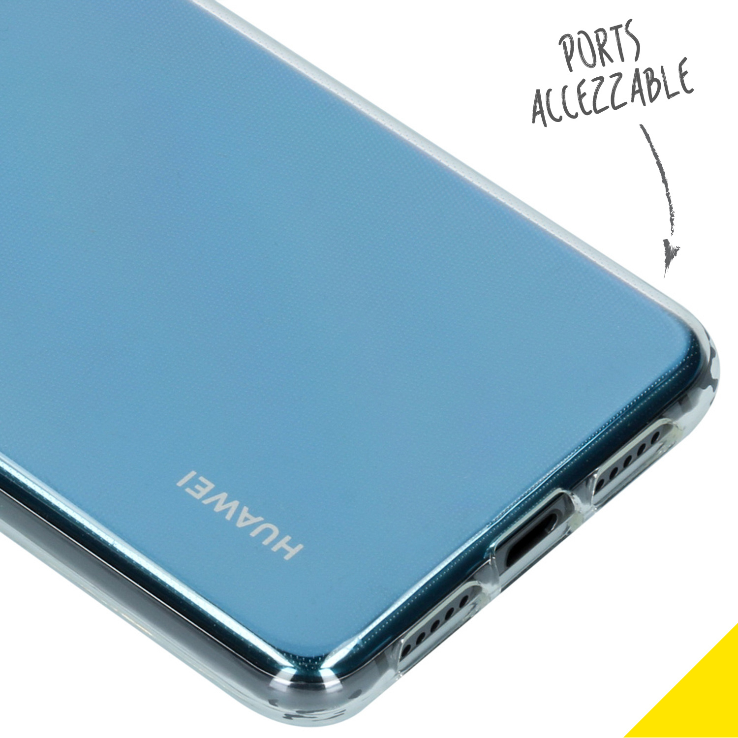 Coque transparente sur téléphone bleu. Texte : 'HUAWEI' et 'PORTS ACCESSIBLES'.