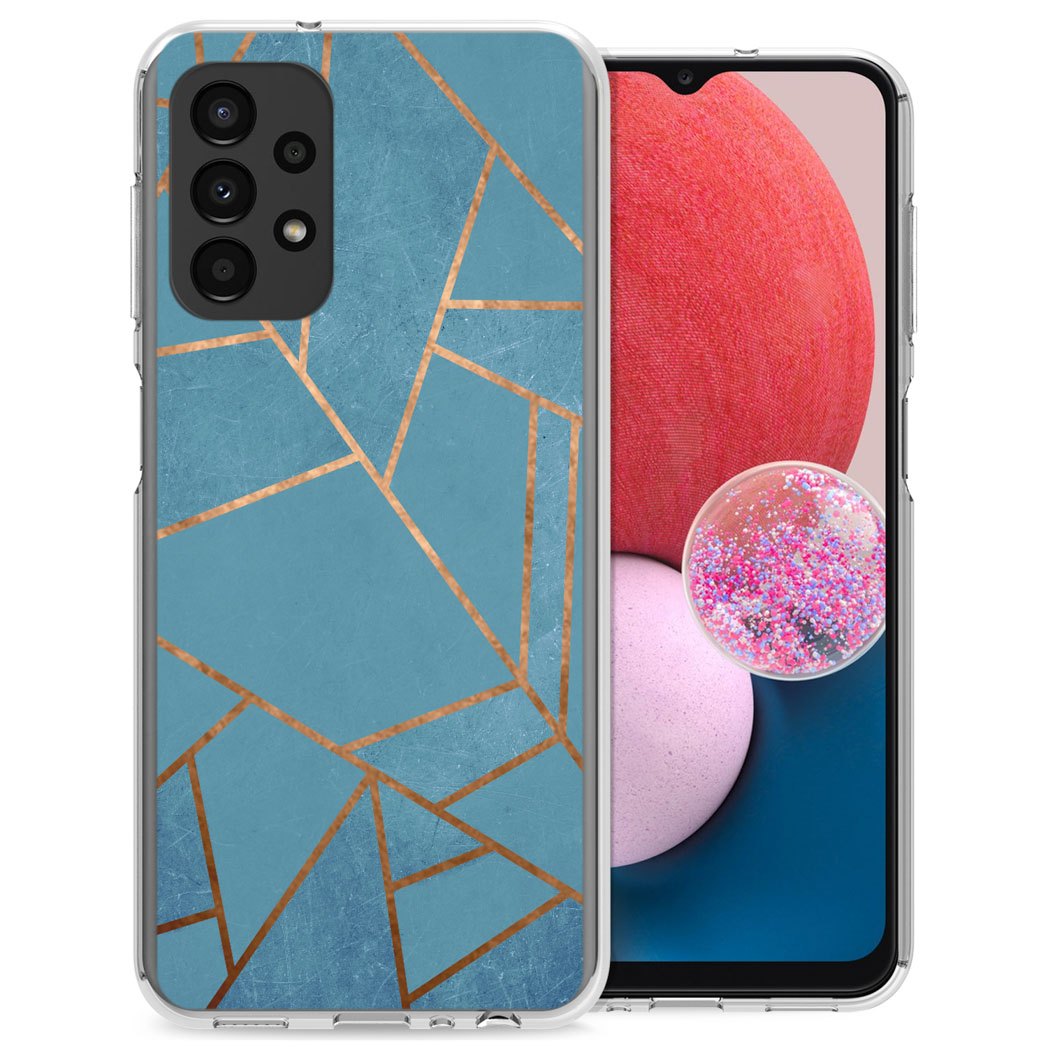 Blauwe telefoonhoes met gouden lijnen en een telefoon erin.