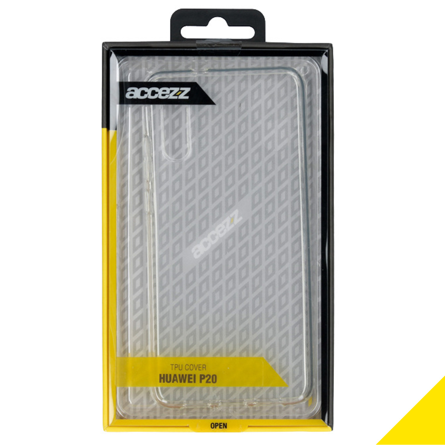 Boîte avec une coque de téléphone transparente. Le texte indique 'TPU Cover Huawei P20'. La boîte est étiquetée 'open'.