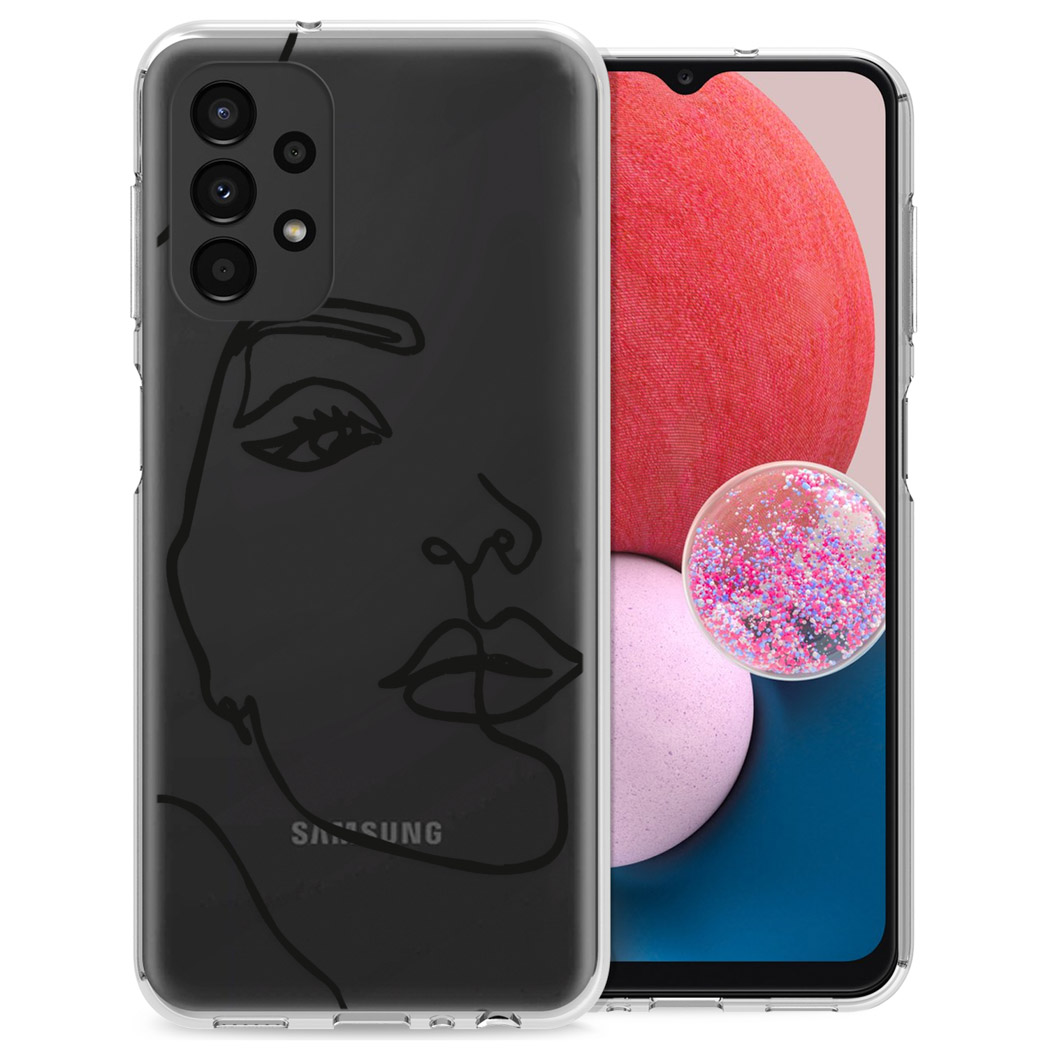 Zwarte telefoonhoes met een lijntekening van een gezicht, die de Samsung-telefoon bedekt.