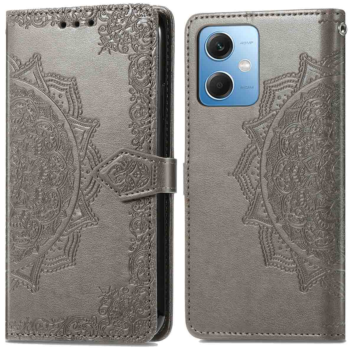 Coque de téléphone grise avec un motif mandala et un téléphone à l'intérieur.