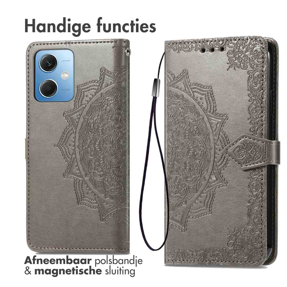 Coque de téléphone grise avec motif mandala, dragonne amovible et fermeture magnétique.