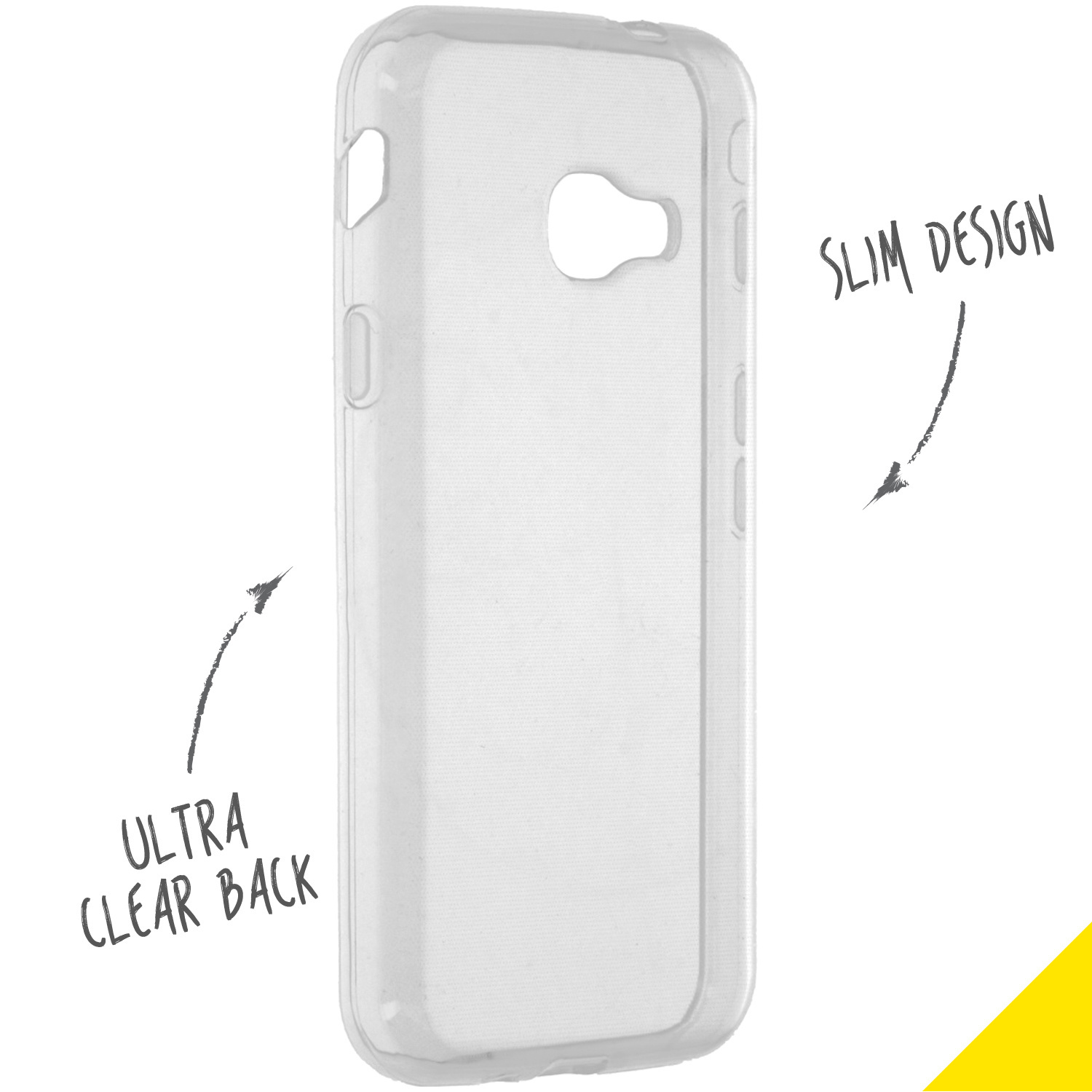 Une coque de téléphone transparente avec le texte 'ULTRA CLEAR BACK' et 'SLIM DESIGN' visibles.