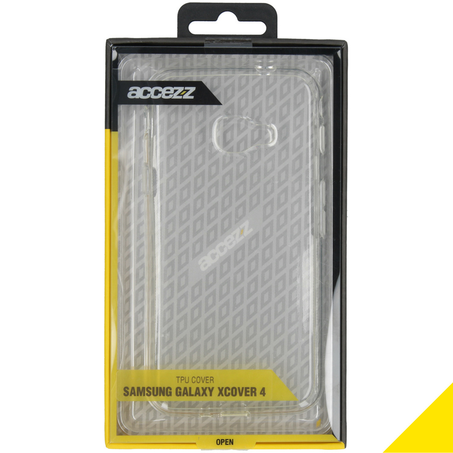 Étui de téléphone transparent dans l'emballage. Marque visible, texte en bas.