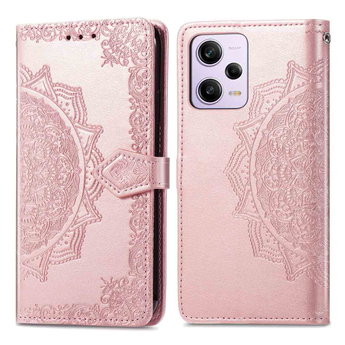 Coque de téléphone rose ouverte et fermée. Motif floral et fermeture magnétique.