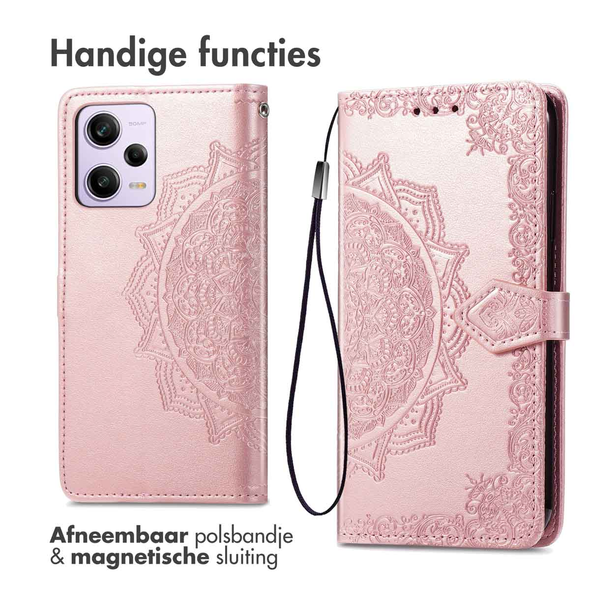 Étui de téléphone rose avec motif mandala, bracelet amovible et fermeture magnétique.
