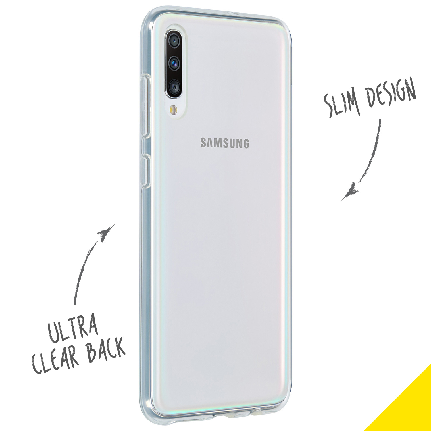 Coque de téléphone transparente sur le téléphone. Texte : 'Design fin', 'Dos ultra clair'. Le téléphone affiche l'appareil photo et le logo Samsung.