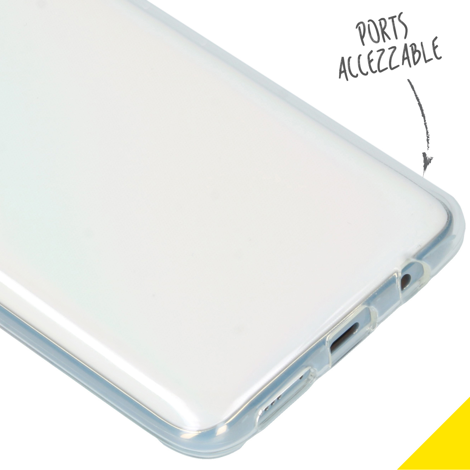 Coque de téléphone transparente. Ports accessibles. Fond blanc.