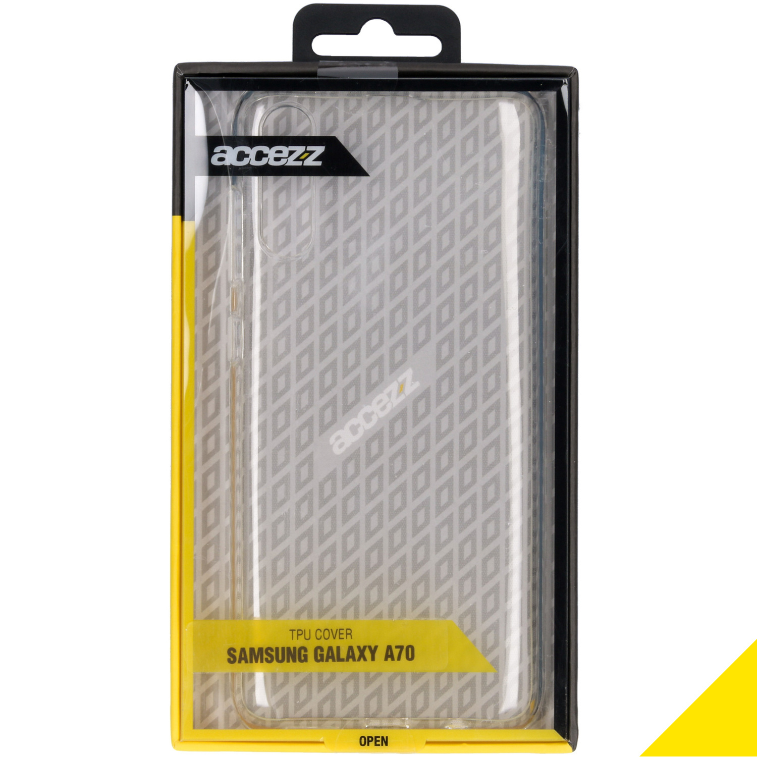 Coque de téléphone transparente dans une boîte avec le texte 'accez' et 'TPU COVER'.