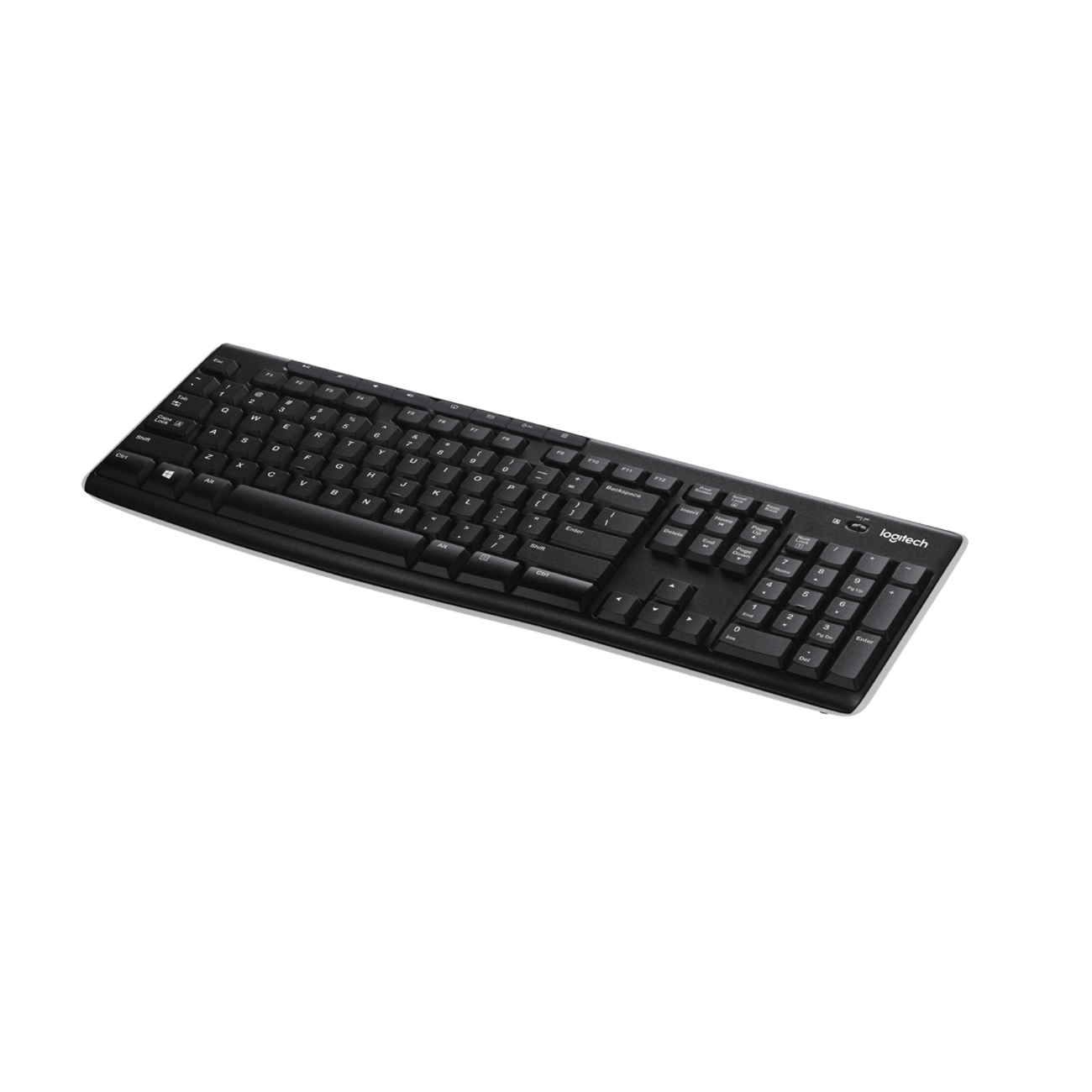 Zwart Logitech-toetsenbord op een witte achtergrond. Het heeft een numeriek toetsenbord.