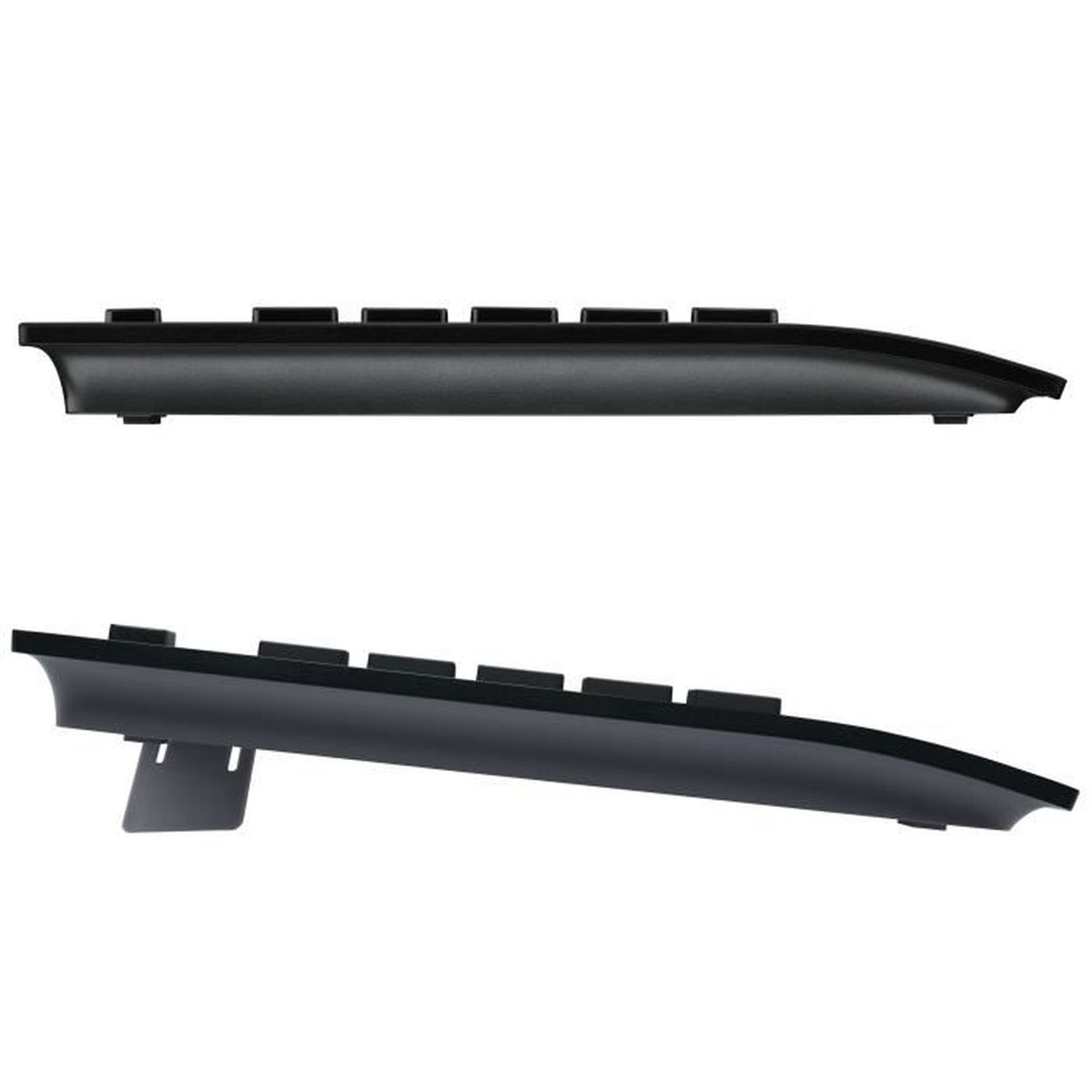 Dwa widoki czarnej klawiatury. Pokazuje górę i dół z kątowymi nóżkami.