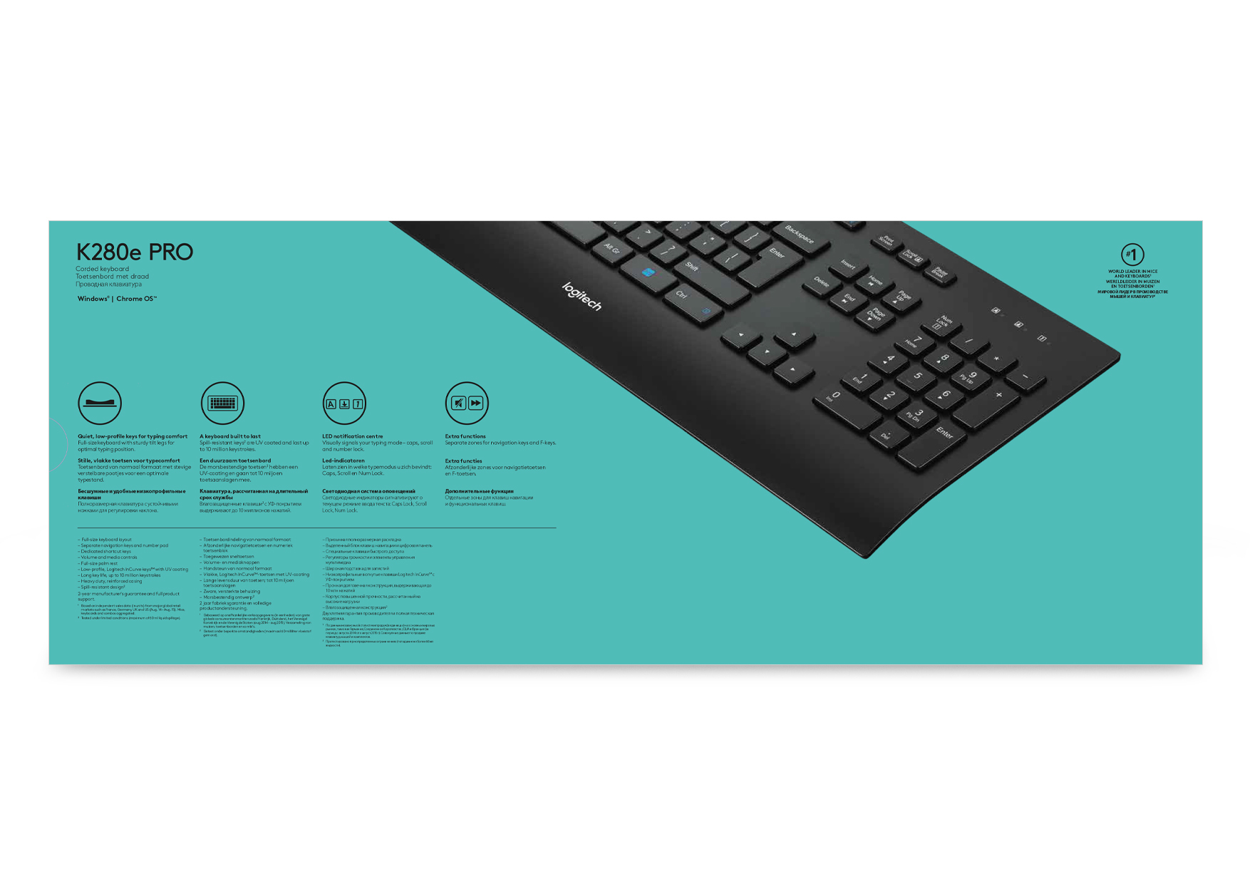 Czarna klawiatura Logitech na turkusowym tle z informacjami o produkcie.