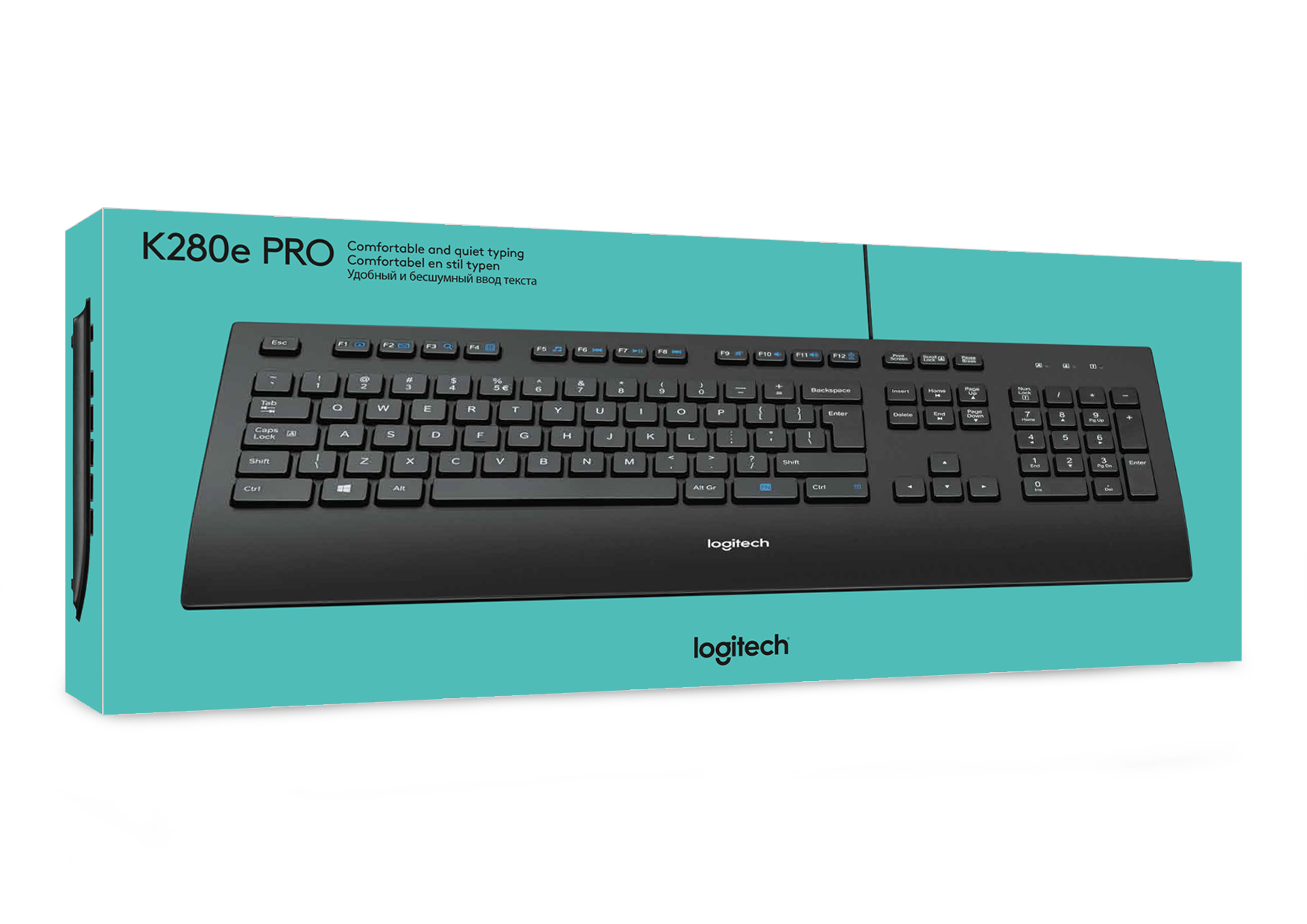 Czarna klawiatura w pudełku. Pudełko ma tekst i logo Logitech.