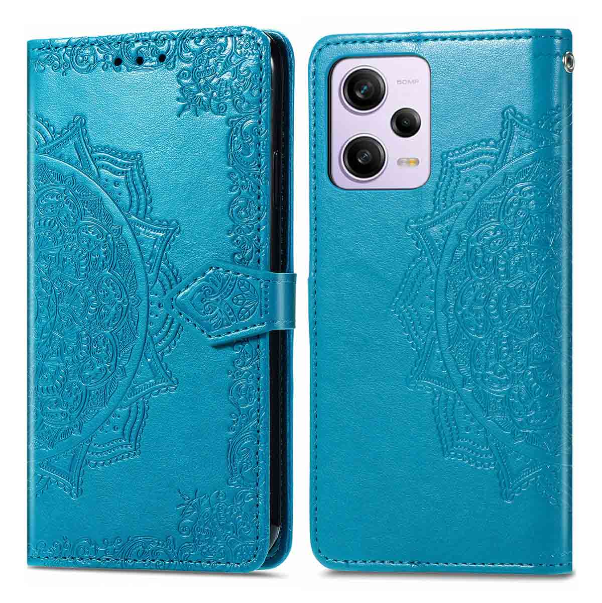 Coque de téléphone bleue avec motif en relief. Elle est ouverte, montrant un téléphone.