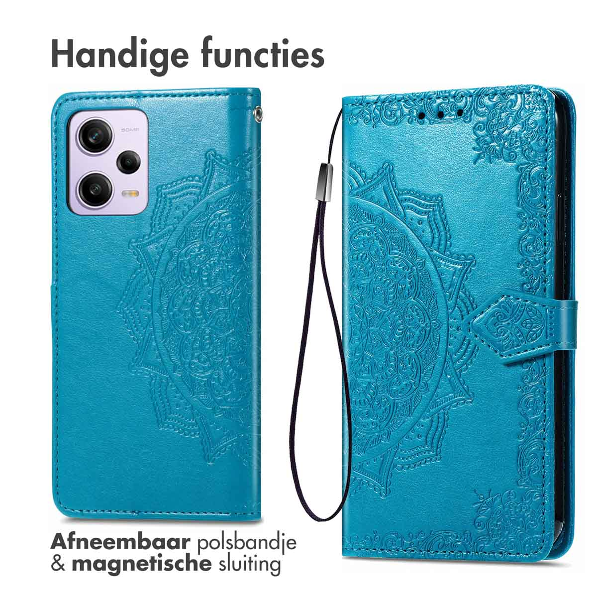 Coque de téléphone en cuir turquoise avec téléphone à l'intérieur. Fond blanc.
