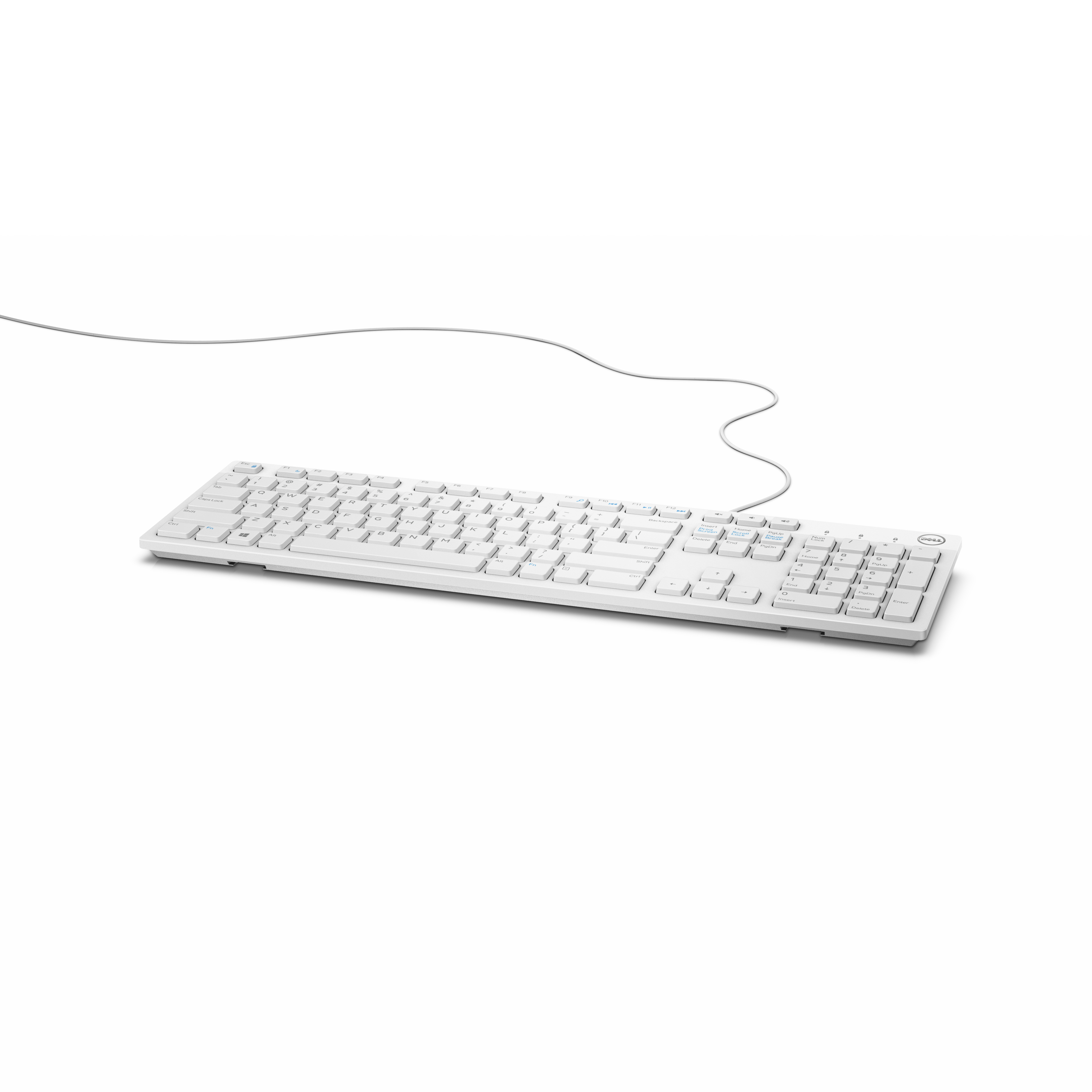 Eine weiße Tastatur mit weißem Kabel. Die Tasten sind weiß. Die Tastatur befindet sich auf weißem Hintergrund.