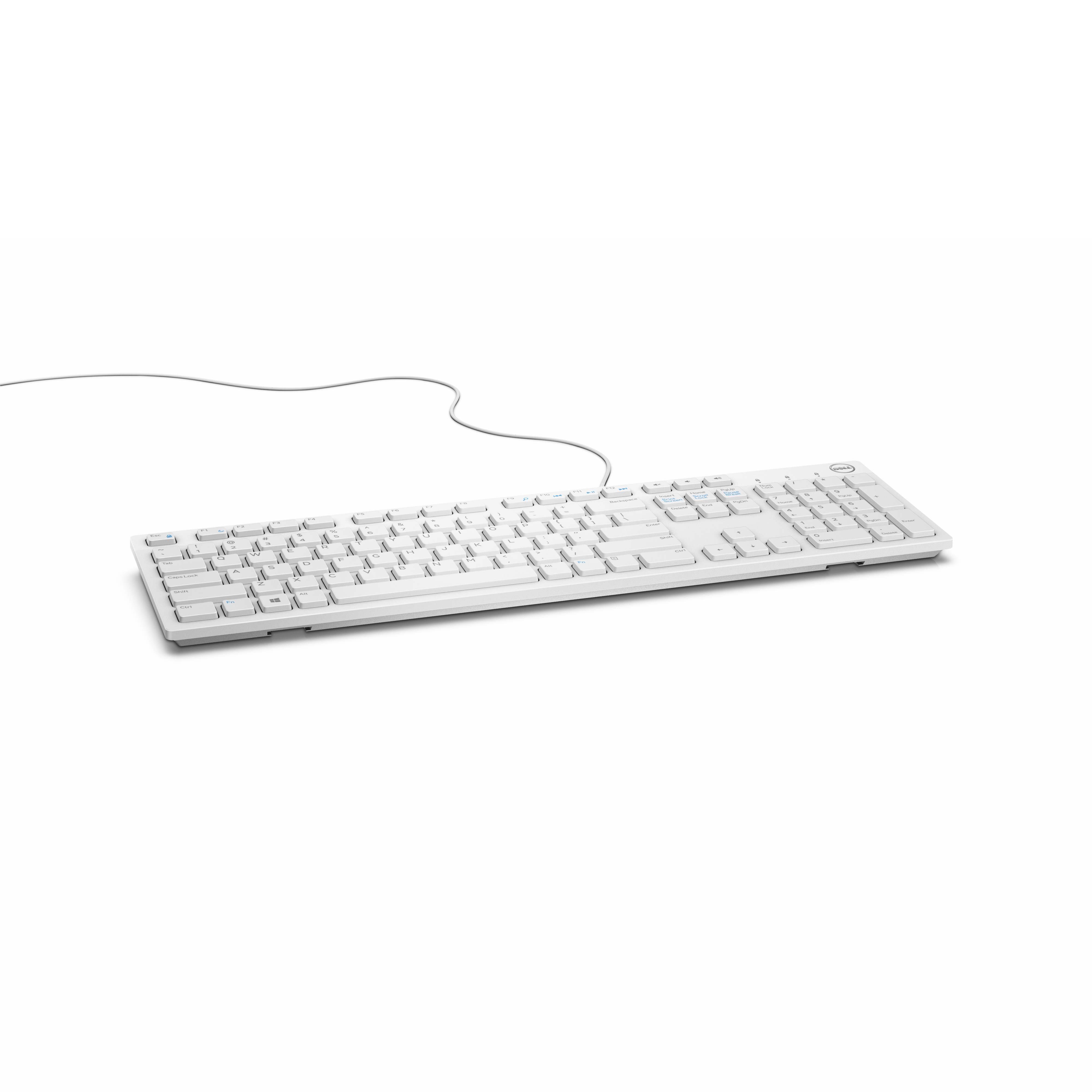 Weiße Tastatur mit Kabel. Tasten und Layout sind gut sichtbar.