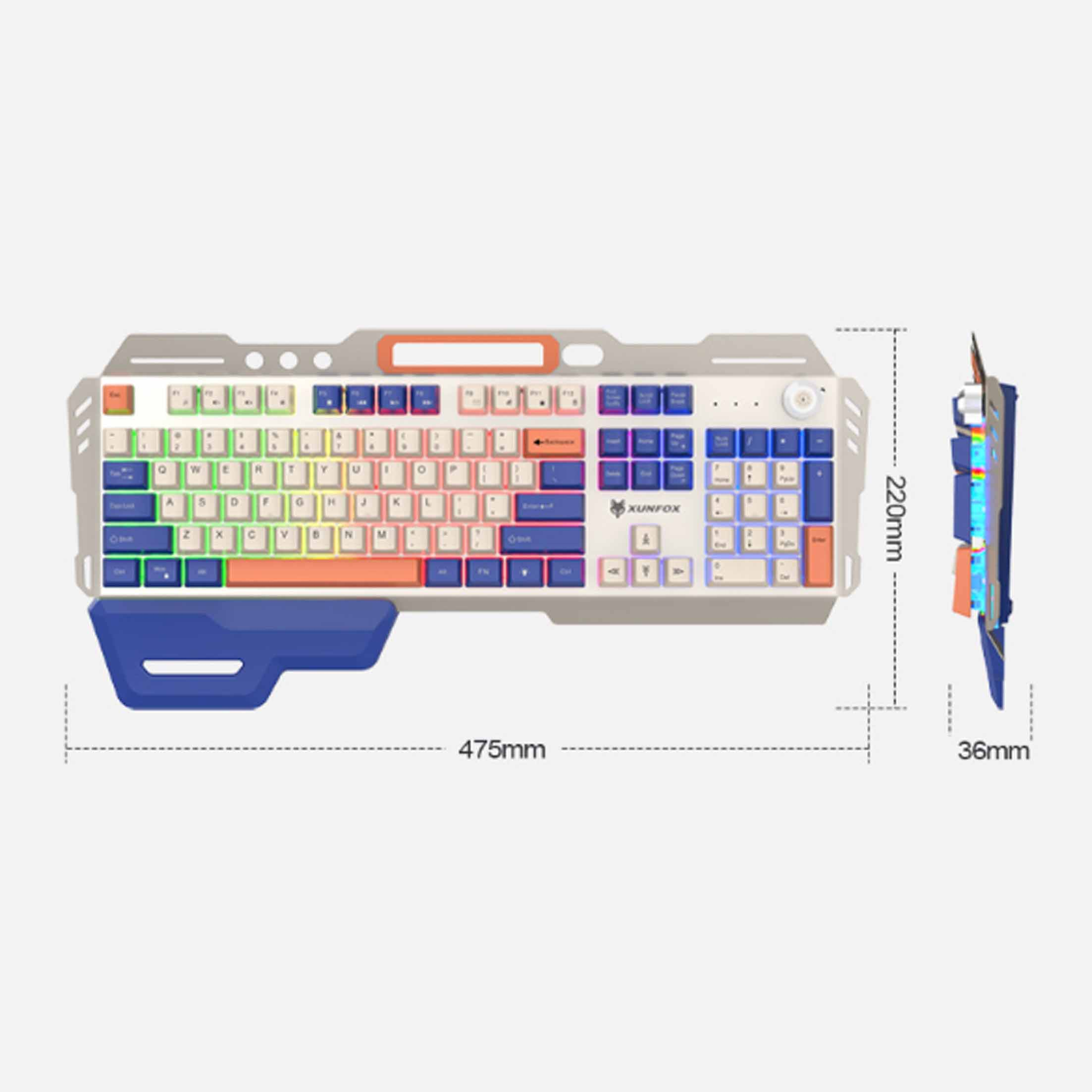 Biała, pomarańczowa, niebieska i czerwona klawiatura. Klawisze są w różnych kolorach. Klawiatura ma 475 mm szerokości.
