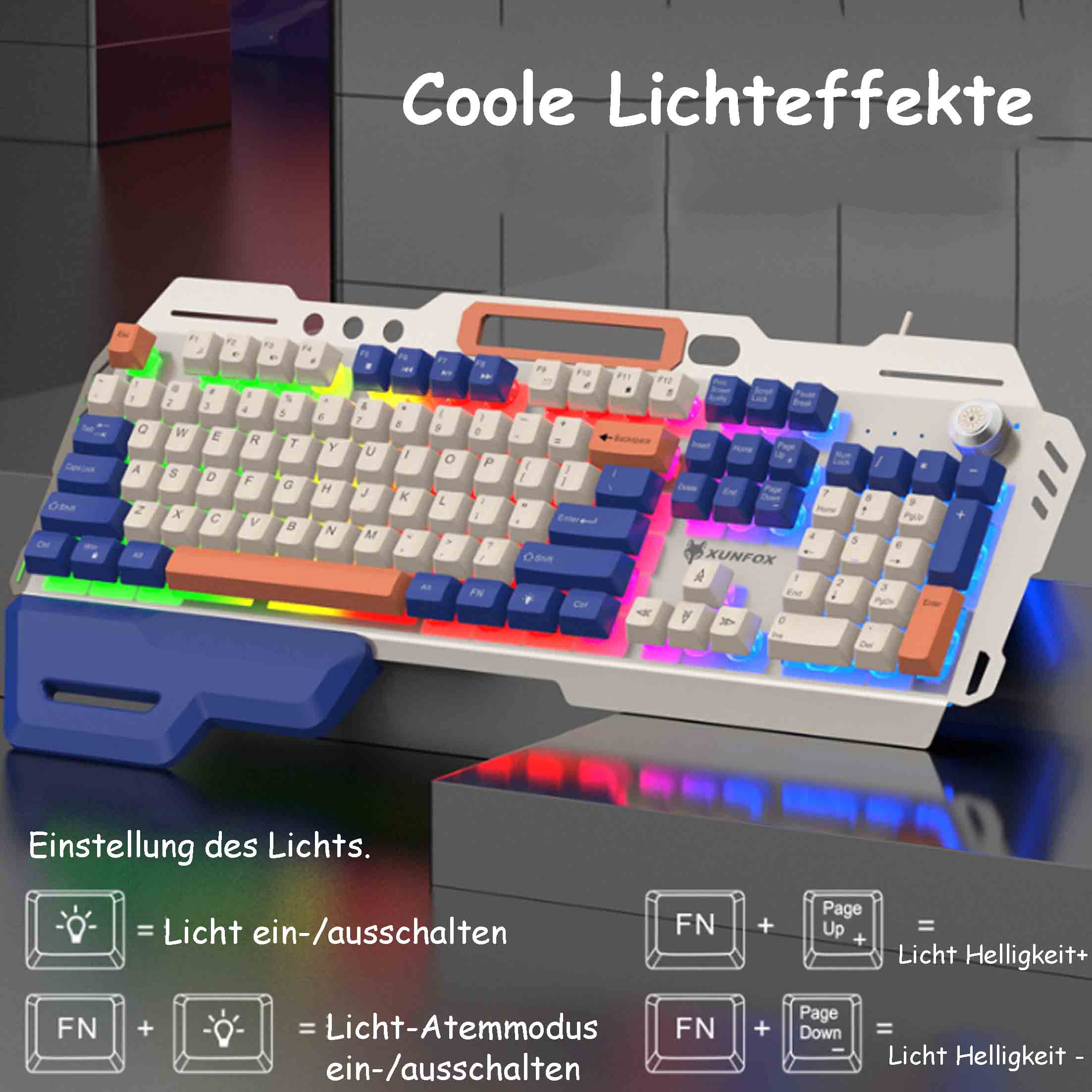 Klawiatura do gier z kolorowymi światłami. Białe i pomarańczowe klawisze. Zawiera klawisze funkcyjne i podpórkę pod nadgarstek.