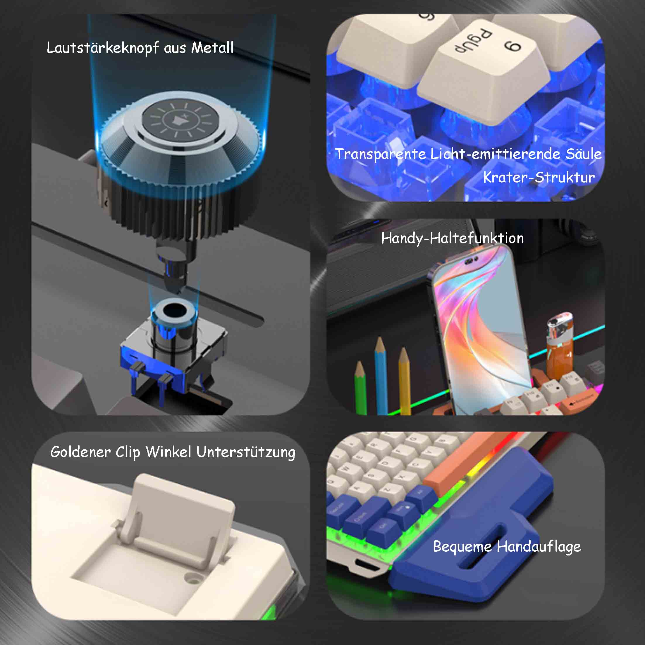 Zbliżenie na elementy klawiatury. Zawiera pokrętło głośności, podświetlane na niebiesko klawisze i podpórkę nadgarstka.