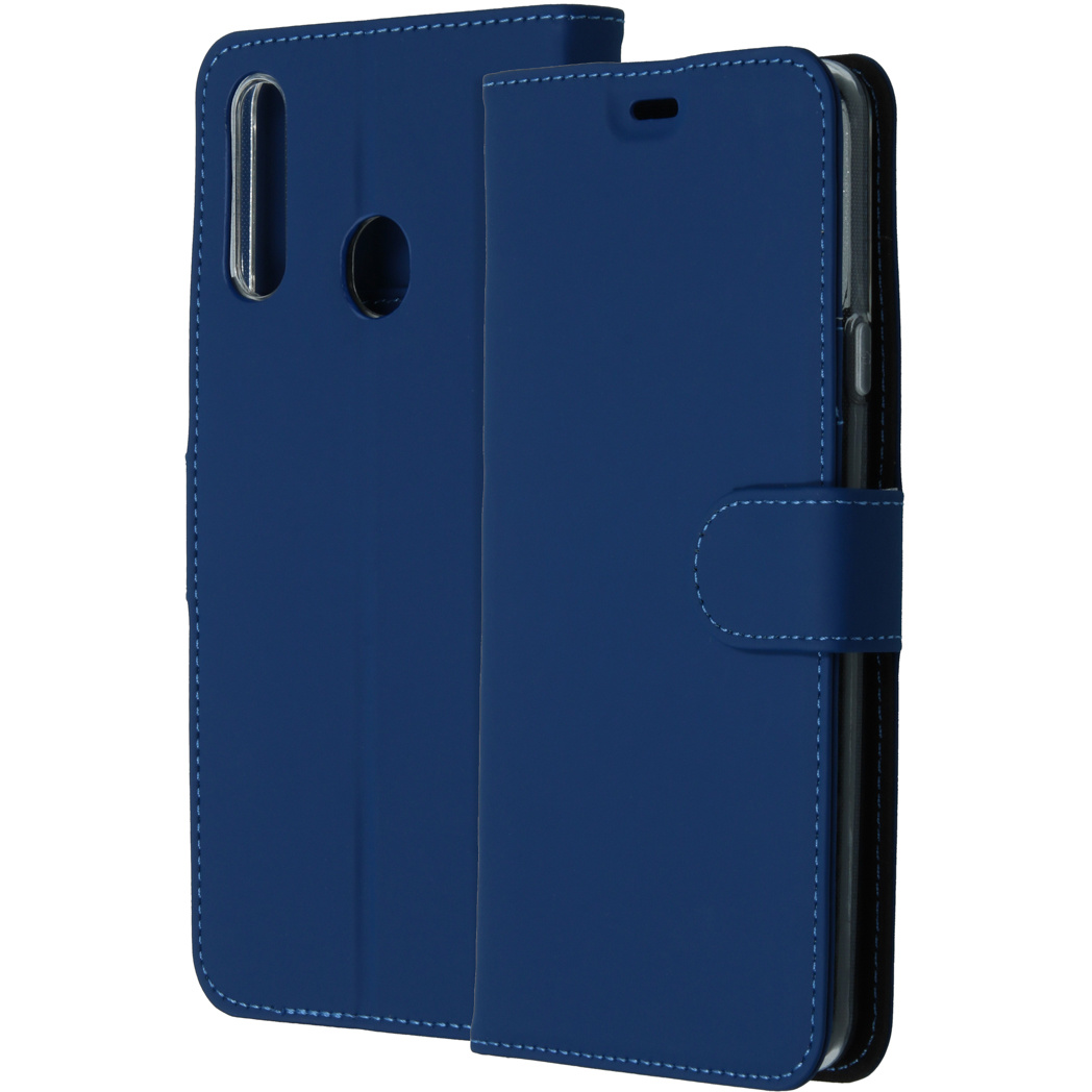 Blue phone case open. The phone is in it and has a camera. The case is leather and has a button.