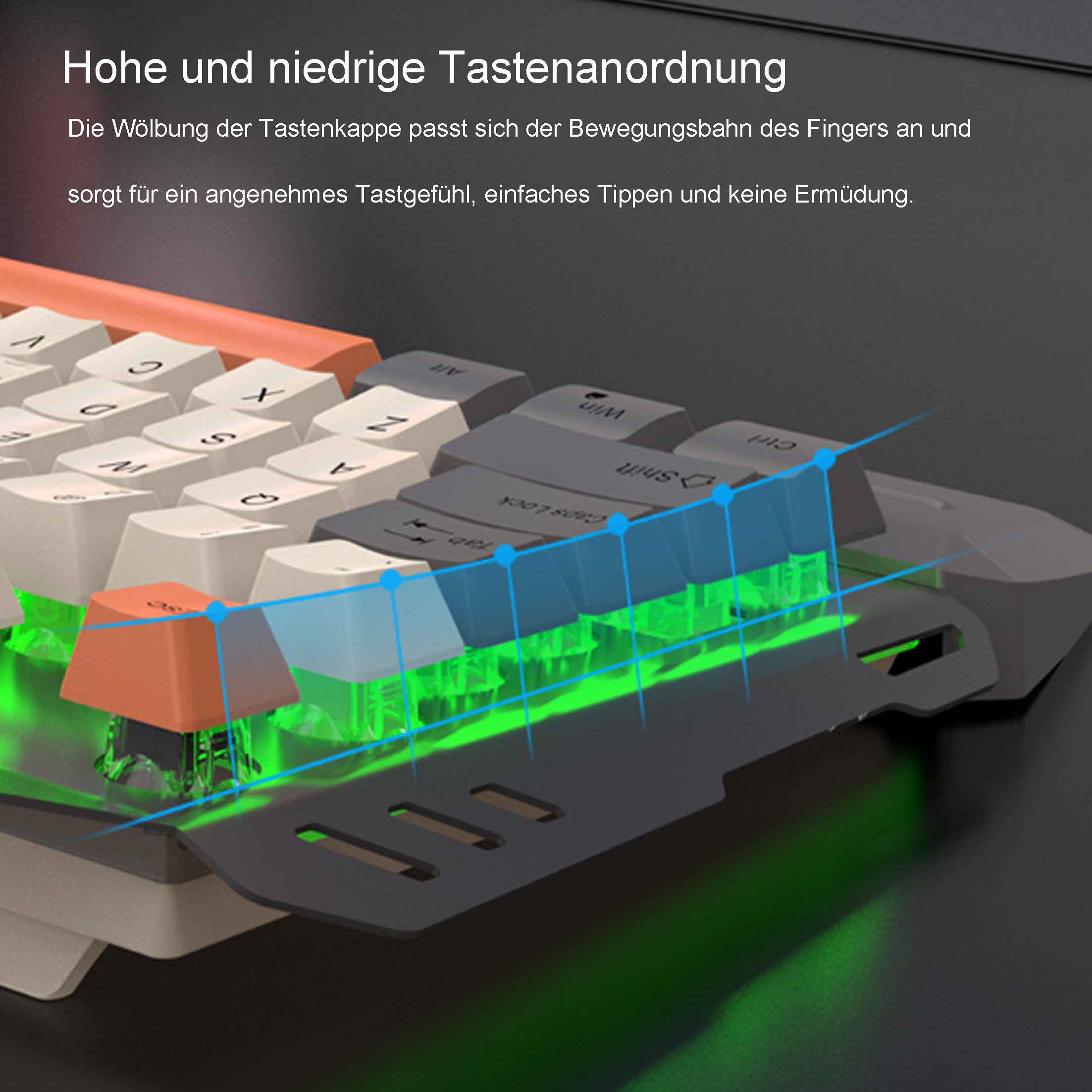 Zbliżenie klawiatury do gier z wysokim i niskim układem klawiszy. Białe, pomarańczowe i szare klawisze.