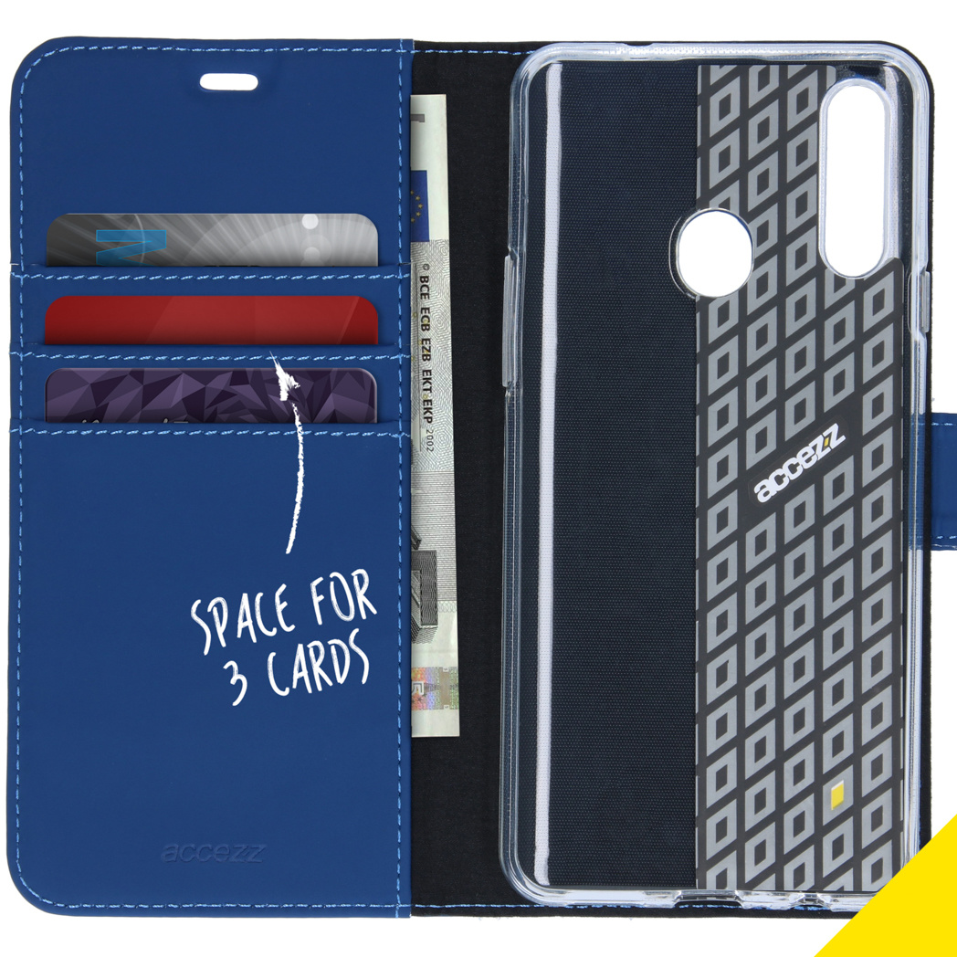 Blue phone case with a wallet design. Text: SPACE FOR 3 CARDS.
